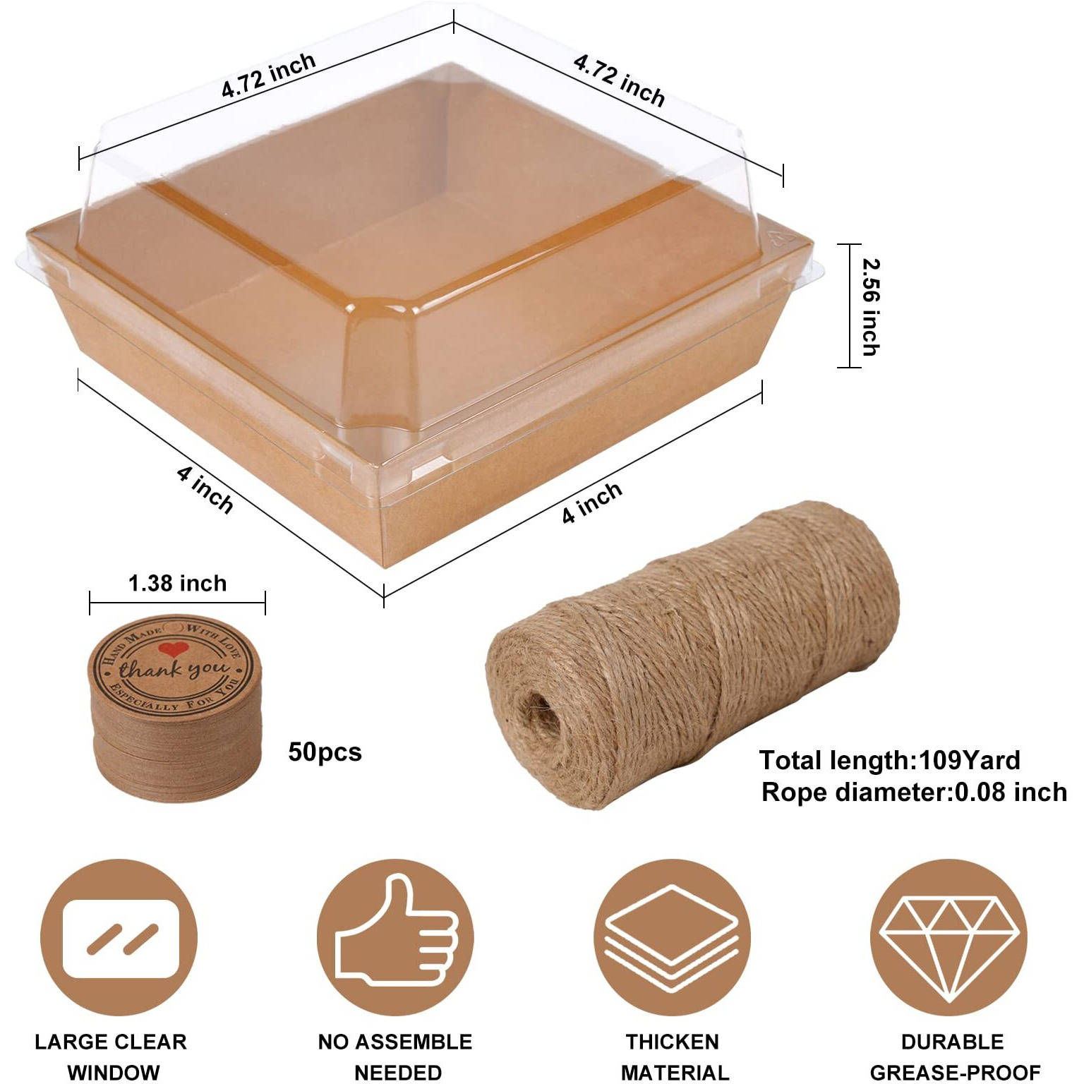 Kosotody 50 Pack Charcuterie Boxes With Clear Lids, 4 Inches Brown Oil-Proof Kraft Paper Food Containers Bakery Boxes For Sandwich, Cookies, Hot Cocoa, Cupcakes And Strawberries(Brown)
