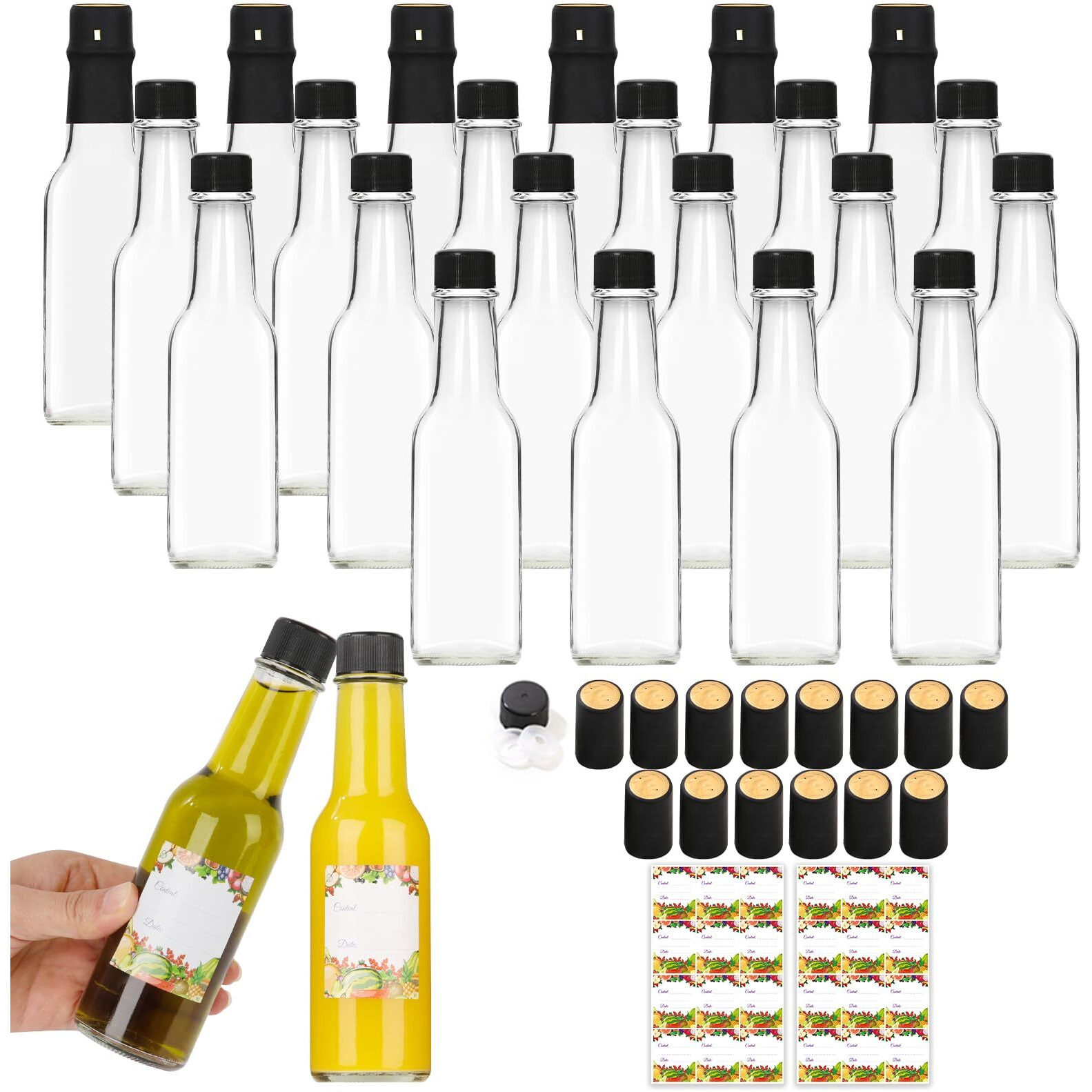 Alotpower 24 Pack Hot Sauce Bottles 5Oz, Empty Clear Glass Woozy Bottles With Leak-Proof Black Screw Caps, Dripper Inserts & Shrink Capsules - Perfect For Homemade Sauces, Oils & Diy Crafts