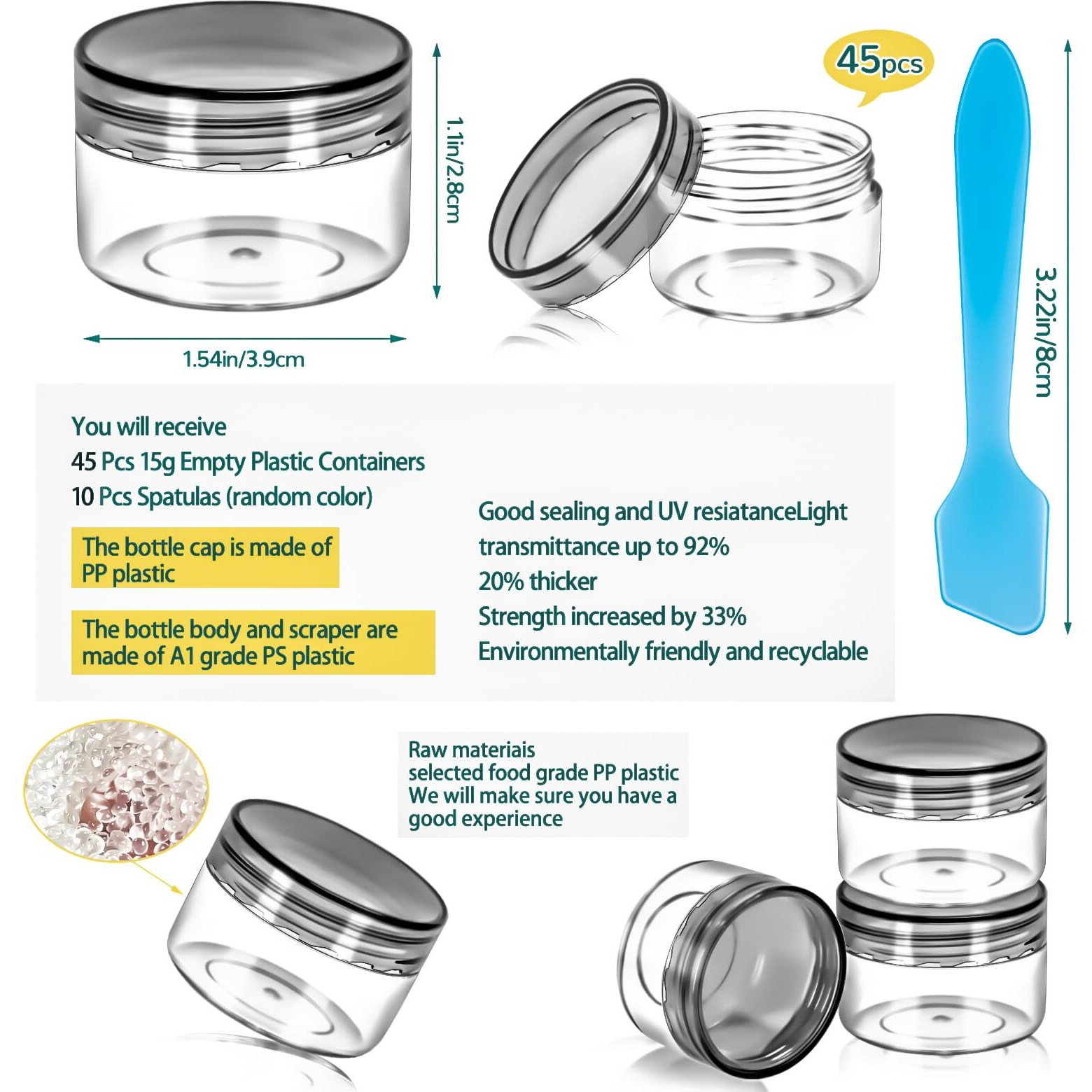 Motbach 45 Pack 15G Plastic Jars With Lids, 15Ml Round Clear Cosmetic Containers Makeup Jars, 0.5Oz Travel Size Container Jar With Spatulas For Makeup Sample Lotion Cream Ointment Salve Balm Powder