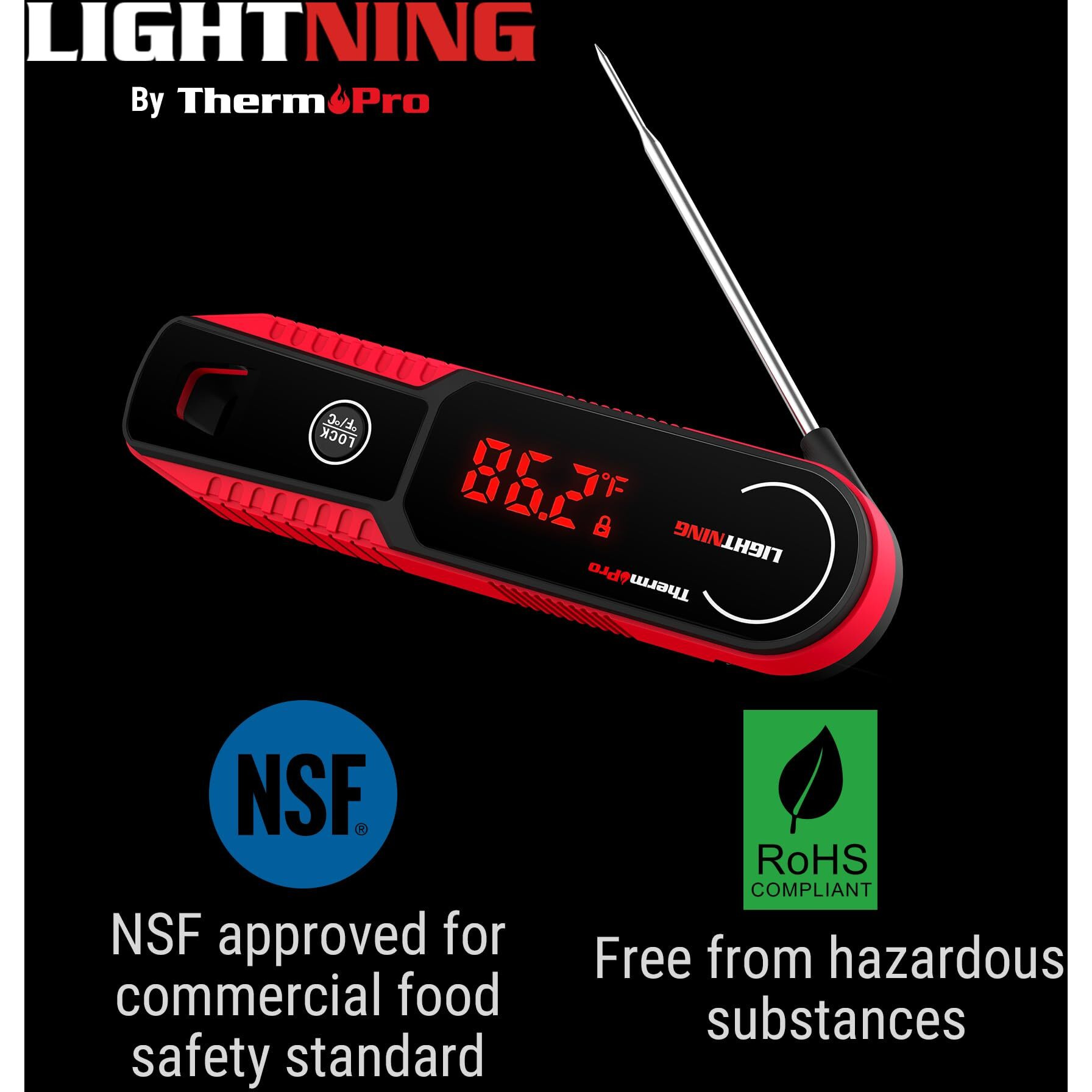 Thermopro Lightning 1-Second Instant Read Meat Thermometer, Kitchen Food Thermometer With Auto Wake/Sleep/180 Rotating Display, Waterproof Cooking Thermometer For Oil Deep Fry Smoker Bbq Grill