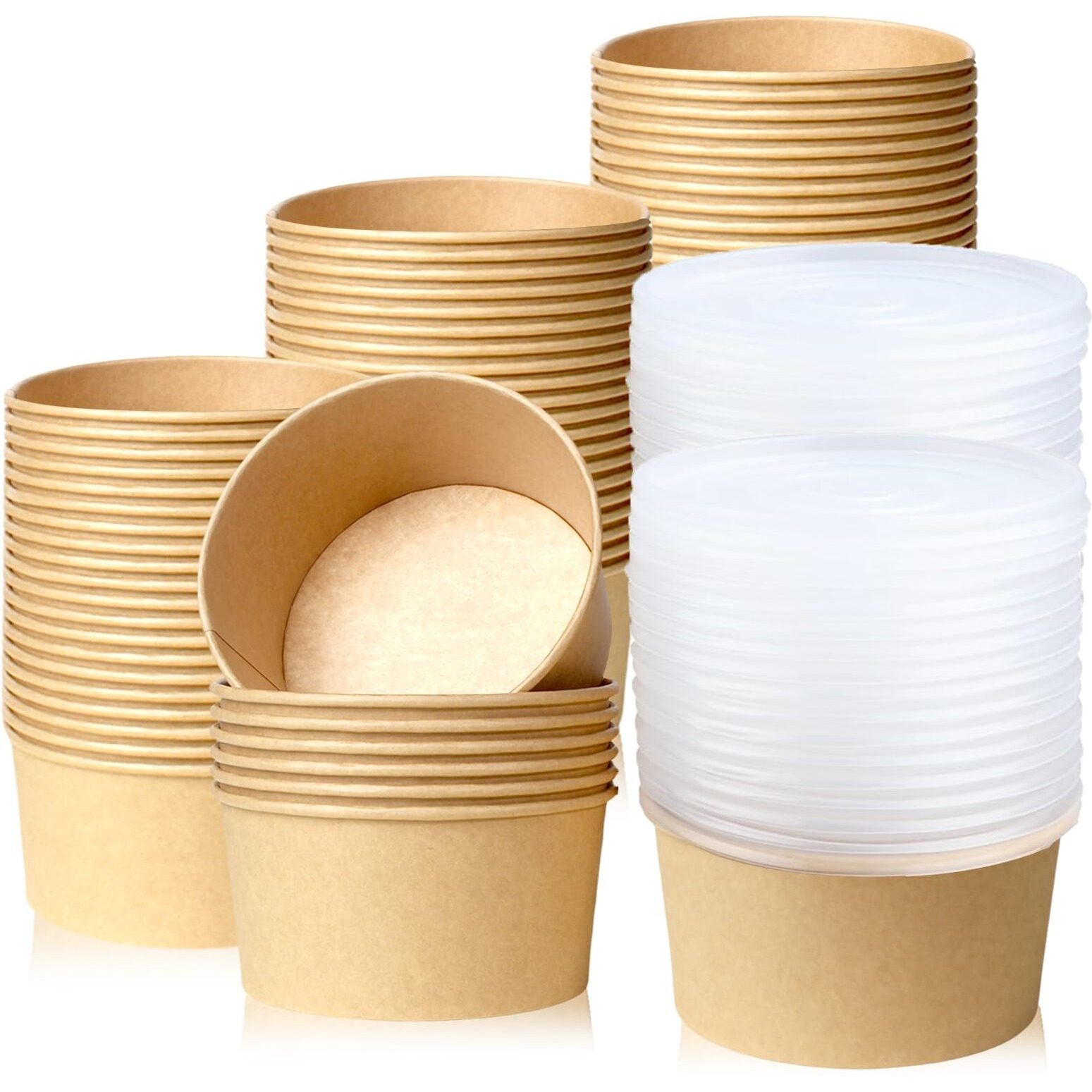 Fisden 50 Pack Kraft Paper Bowls With Lids, 32 Oz Large Soup Serving Bowls Bulk, Oil-Proof To Go Food Containers For Hot Cold Fruits, Ice Cream, Meal Prep
