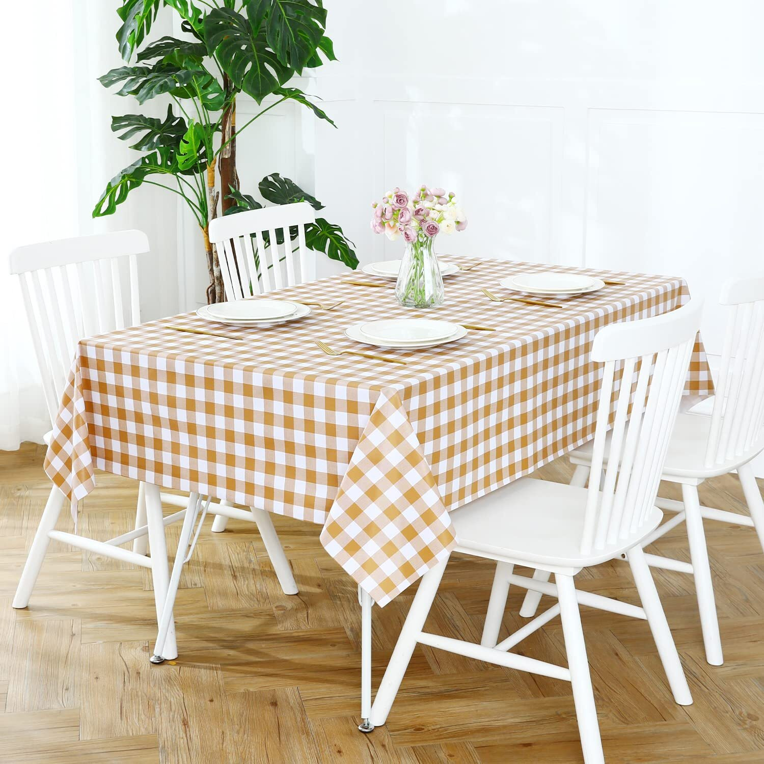 Romanstile Rectangle Vinyl Pvc Tablecloth, 100% Waterproof Buffalo Plaid Plastic Table Cloth, Oil Proof Heavy Duty Wipeable Table Covers For Dining/Camping/Picnic/Outdoor - 54 X 78, Coffee And White