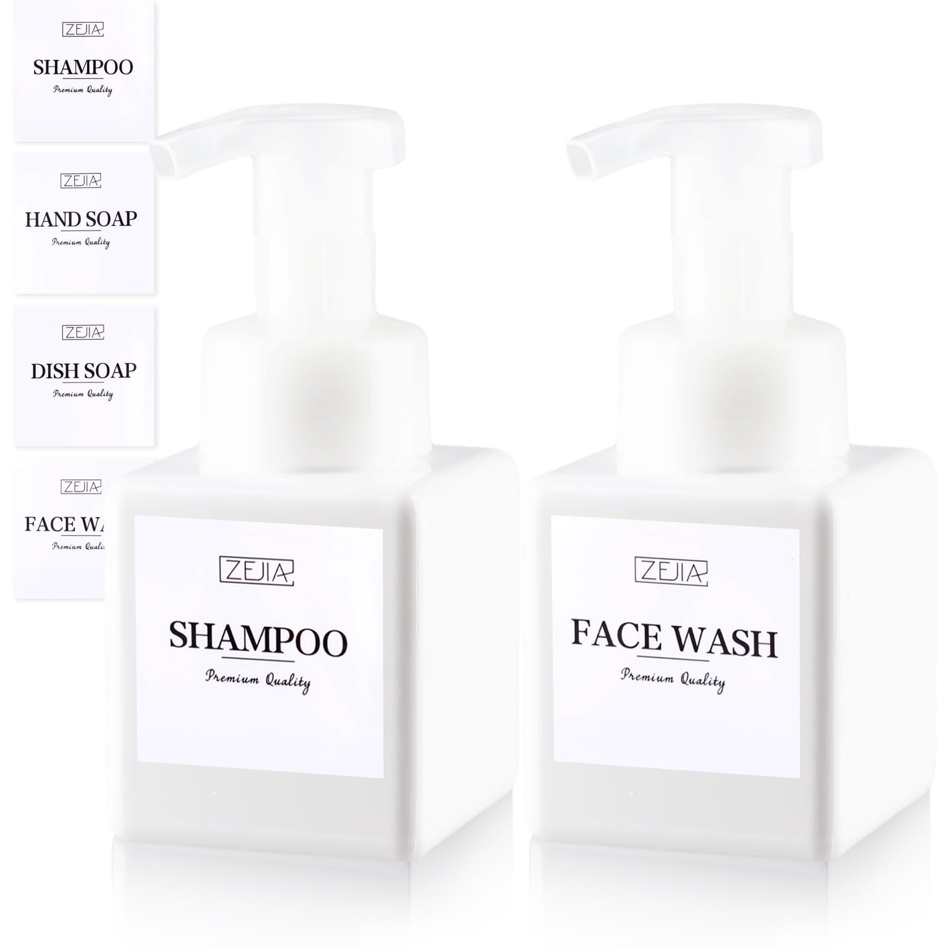 Zejia 250Ml Foaming Soap Dispenser, 2-Pack Plastic Hand Soap Dispenser, Refillable Leakproof Foam Pump Bottle With Waterproof Labels, For Shampoo, Body Wash