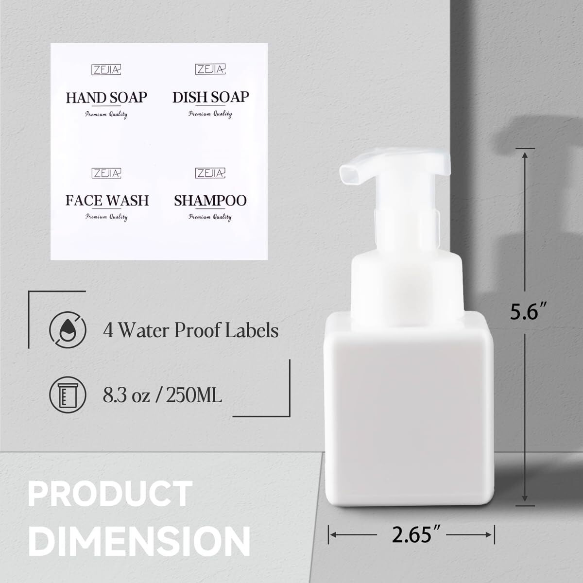 Zejia 250Ml Foaming Soap Dispenser, 2-Pack Plastic Hand Soap Dispenser, Refillable Leakproof Foam Pump Bottle With Waterproof Labels, For Shampoo, Body Wash