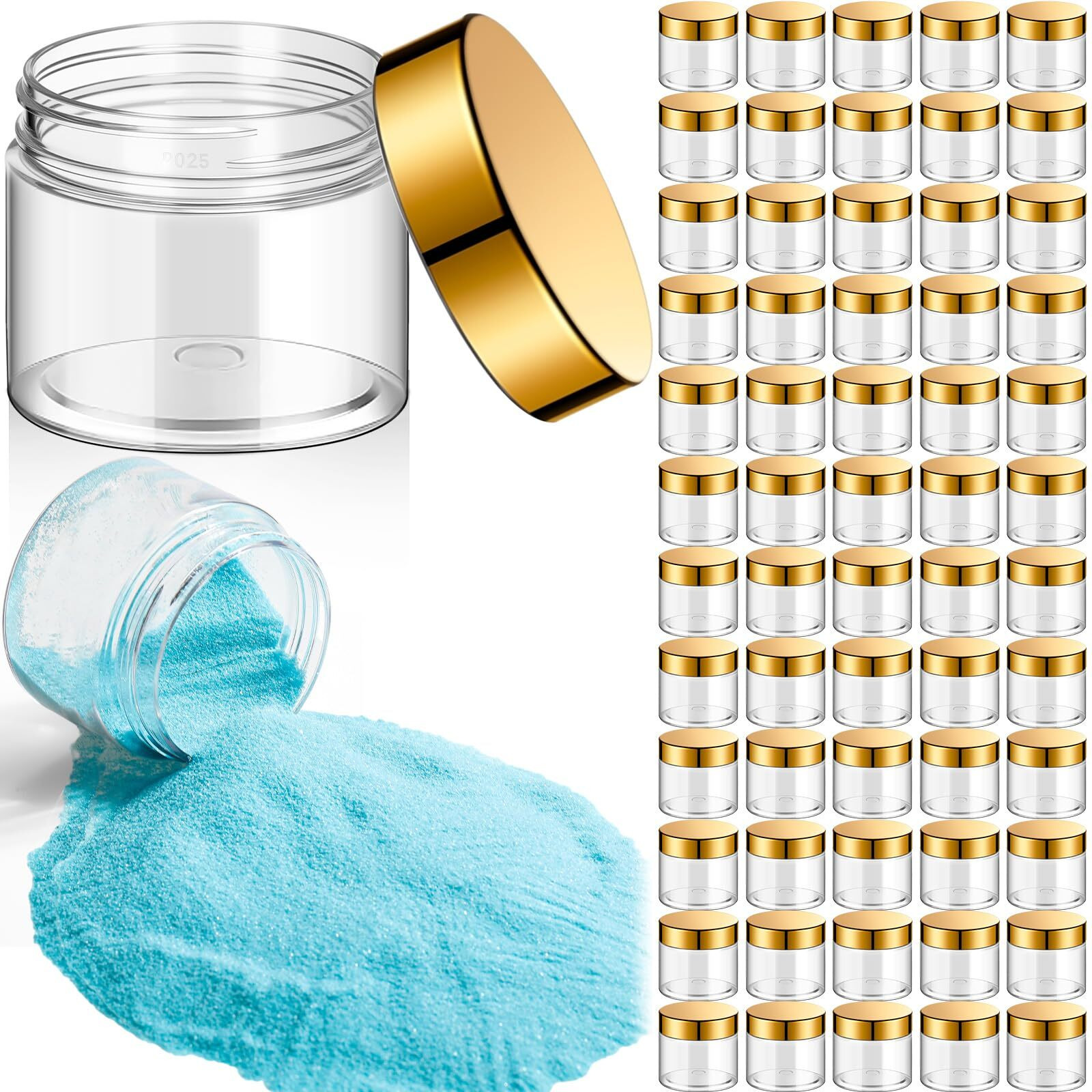 Patelai 60 Pcs Plastic Container Jars With Lids Round Clear Travel Cosmetic Container Jars For Toiletries, Lotion, Cream, Ointments, Makeup, Rhinestone, Samples, Kitchen Storage(Gold,2 Oz)