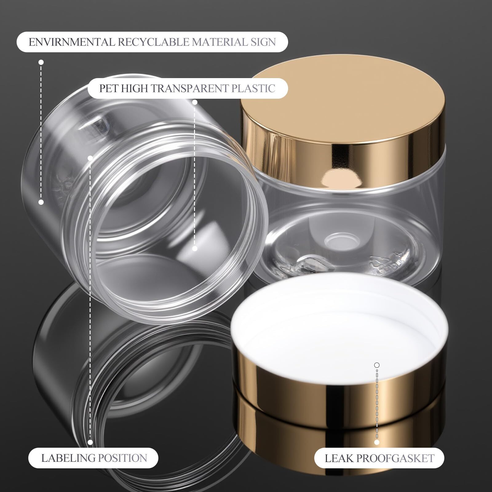 Patelai 60 Pcs Plastic Container Jars With Lids Round Clear Travel Cosmetic Container Jars For Toiletries, Lotion, Cream, Ointments, Makeup, Rhinestone, Samples, Kitchen Storage(Gold,2 Oz)