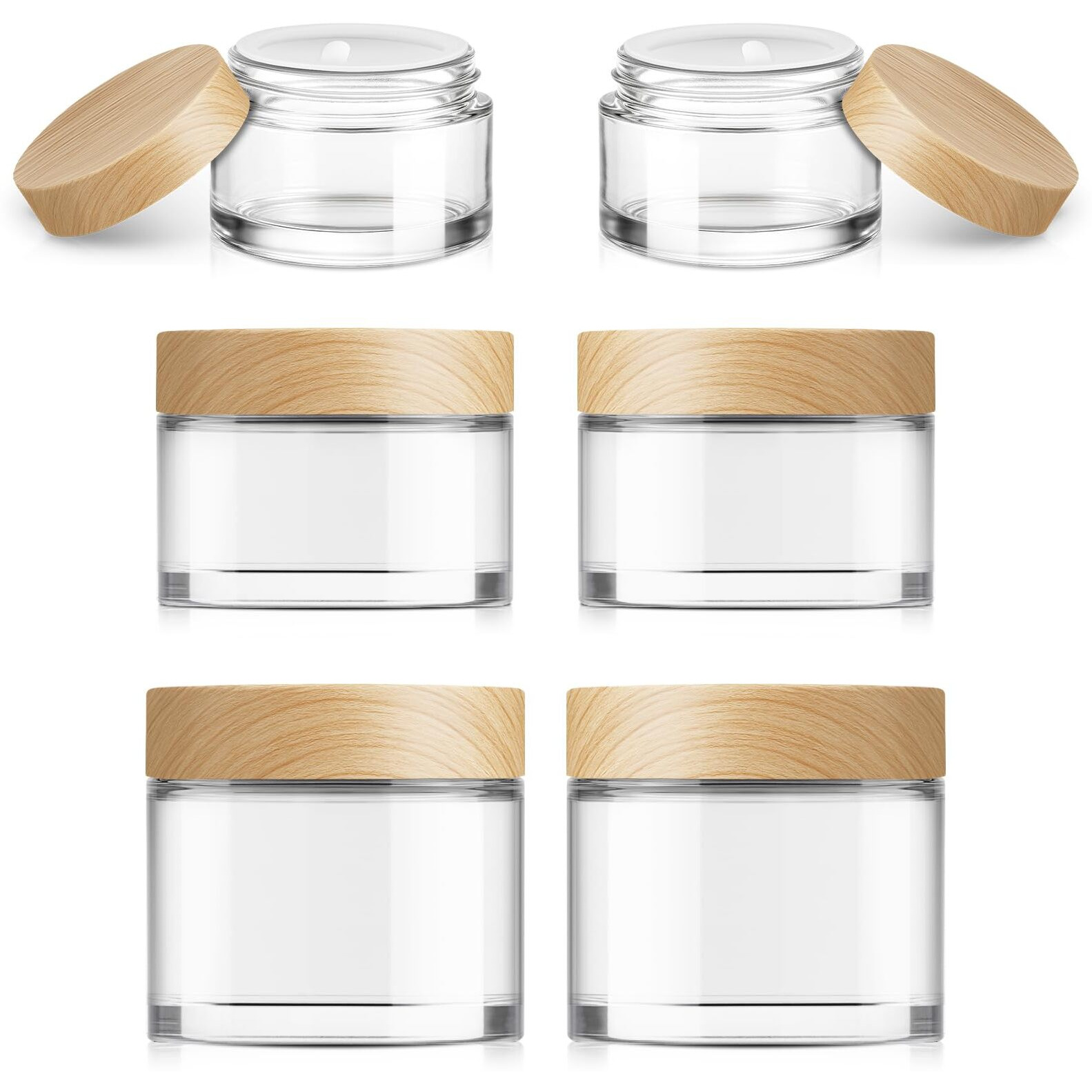 Bumobum 6-Pcs Glass Cosmetic Jars With Plastic Wood-Grain Lids - Refillable Travel Jars For Creams, Lotions, Skincare & Diy (15Ml/30Ml/50Ml)