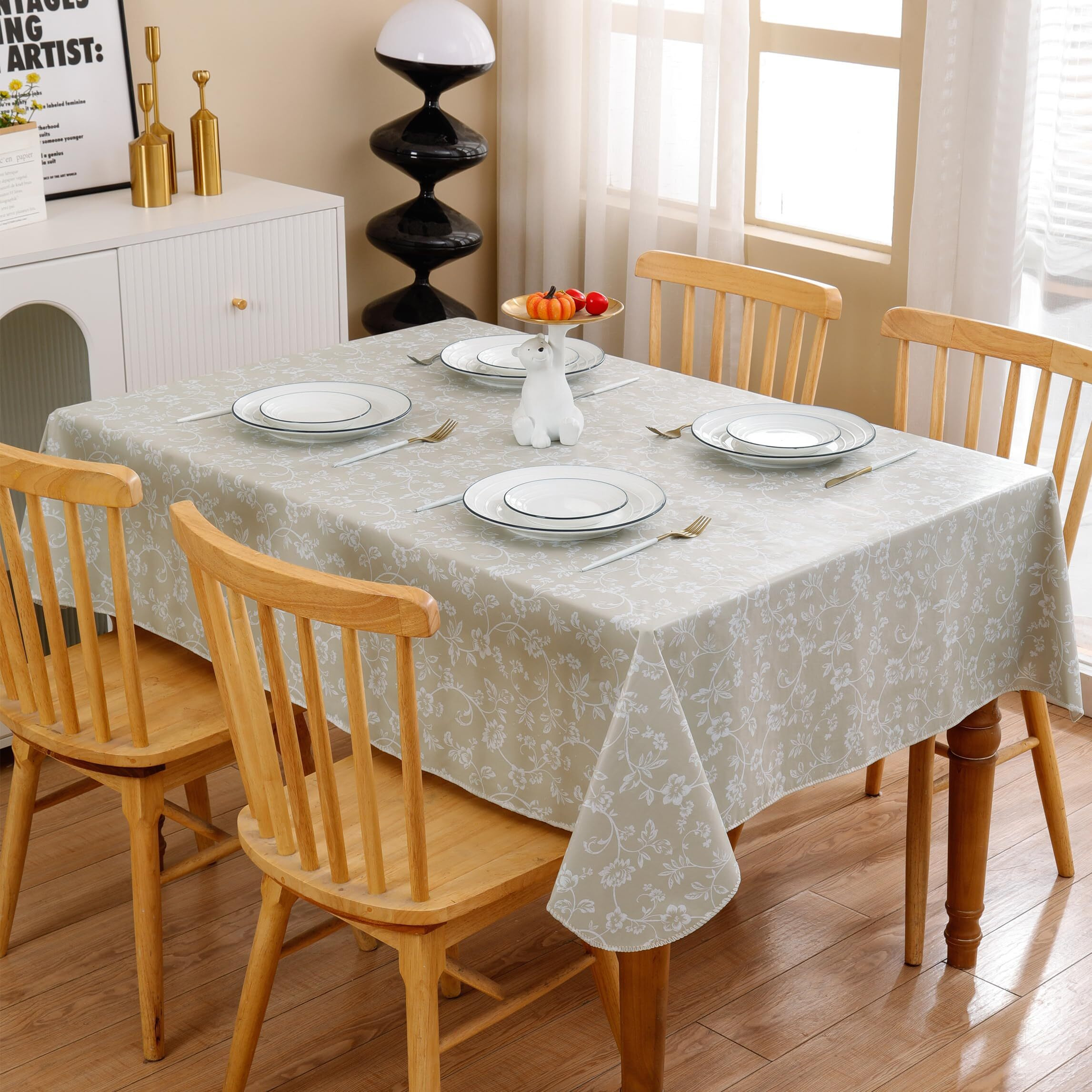 Heavy Duty Vinyl Tablecloth With Flannel Backing Waterproof Oil-Proof Plastic Table Cloth Stain-Resistant Wipeable Rectangle Or Square Table Cover For Indoor And Outdoor (Beige Floral,54X54 Inch)