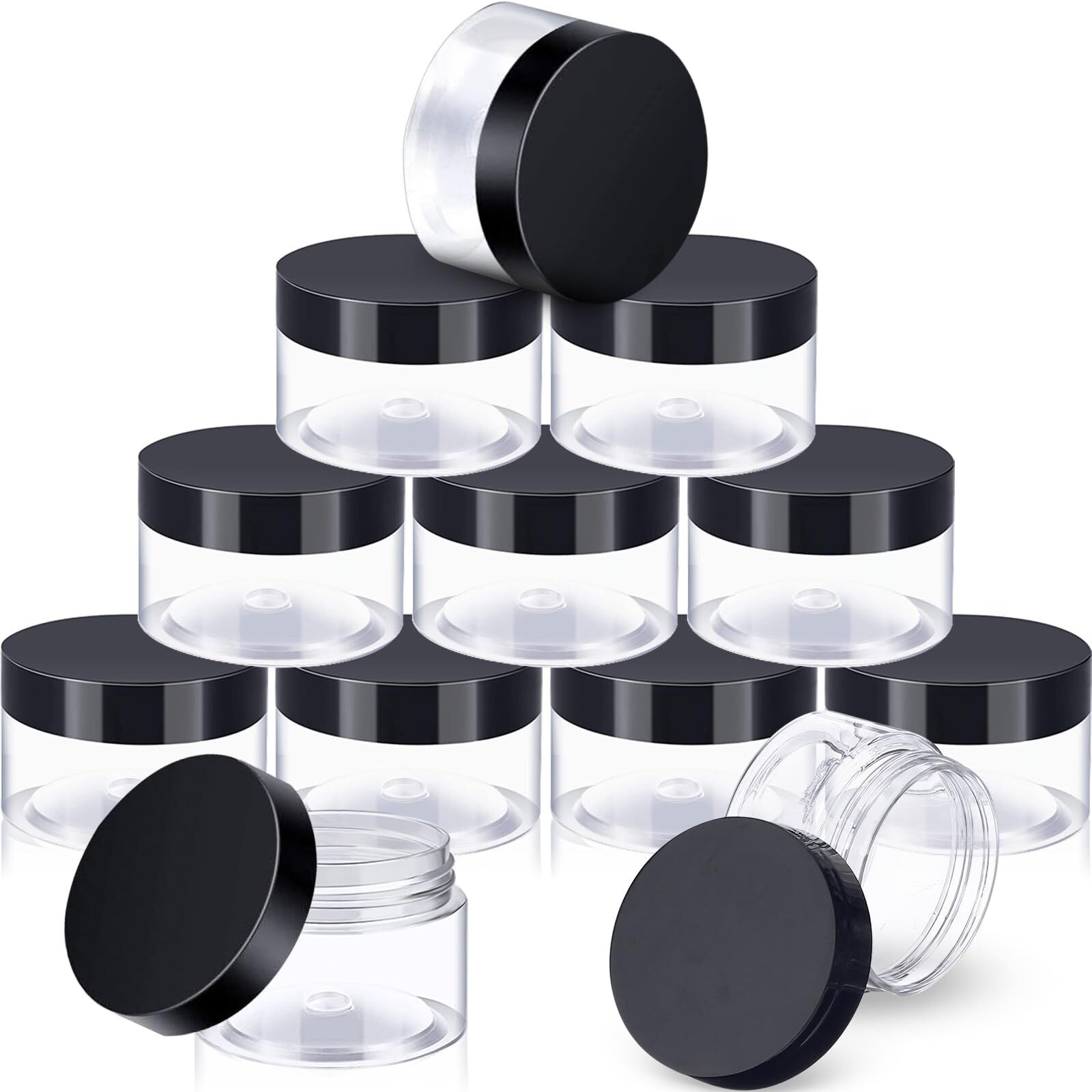 Satinior 12 Pack 2 Oz Plastic Container Jars With Lids Round Clear Travel Cosmetic Container Slime Jars For Toiletries, Lotion, Cream, Ointments, Makeup, Rhinestone, Samples, Kitchen Storage(Black)