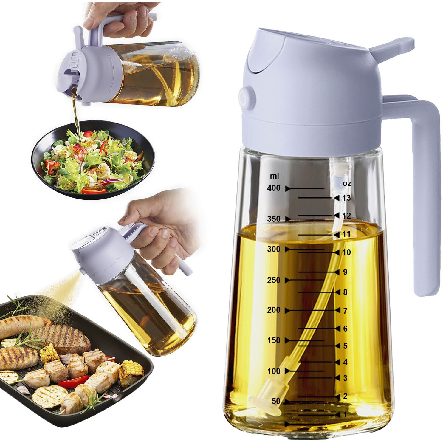 Trendplain 16Oz/470Ml Glass Olive Oil Sprayer For Cooking - 2 In 1 Olive Oil Dispenser For Kitchen Gadgets, Air Fryer, Salad, And Bbq - Periwinkle