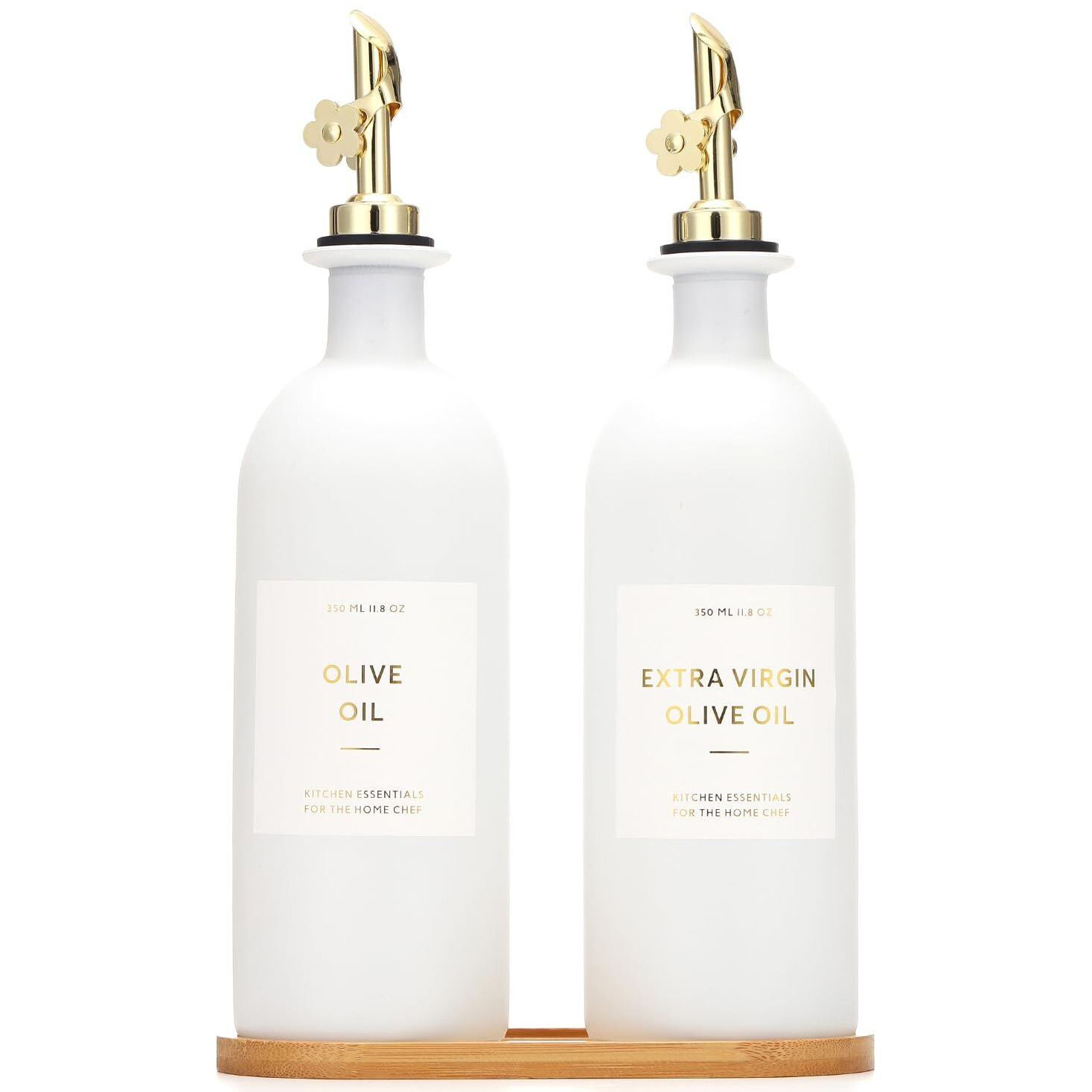 Homcdaly Olive Oil Dispenser For Kitchen, 16Oz Glass Oil Bottles With Bamboo Tray, Gold Oil&Vinegar Cruet Set, Kitchen Dispenser Bottles With Pourer | Set Of 2 (16Oz - Gold)