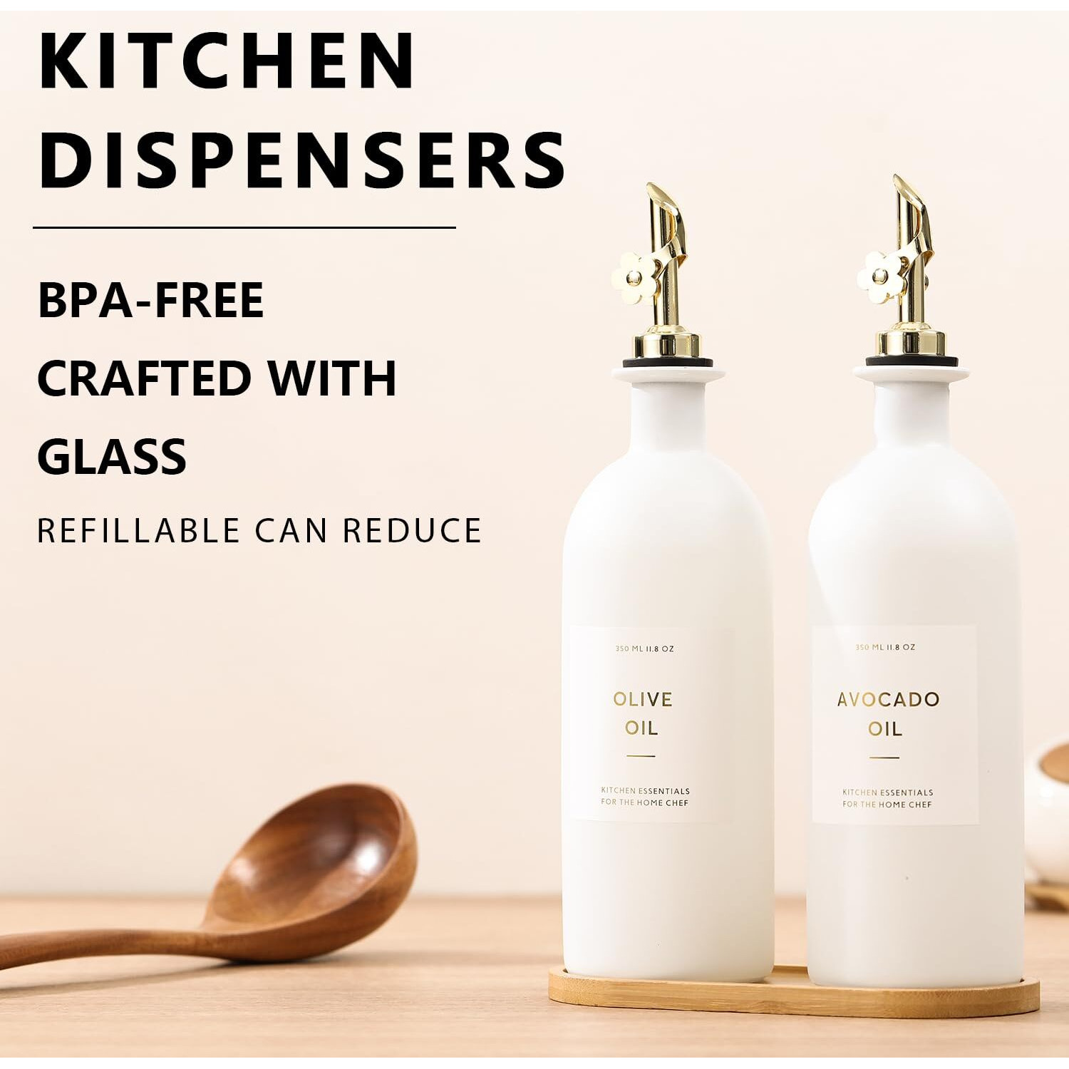 Homcdaly Olive Oil Dispenser For Kitchen, 16Oz Glass Oil Bottles With Bamboo Tray, Gold Oil&Vinegar Cruet Set, Kitchen Dispenser Bottles With Pourer | Set Of 2 (16Oz - Gold)