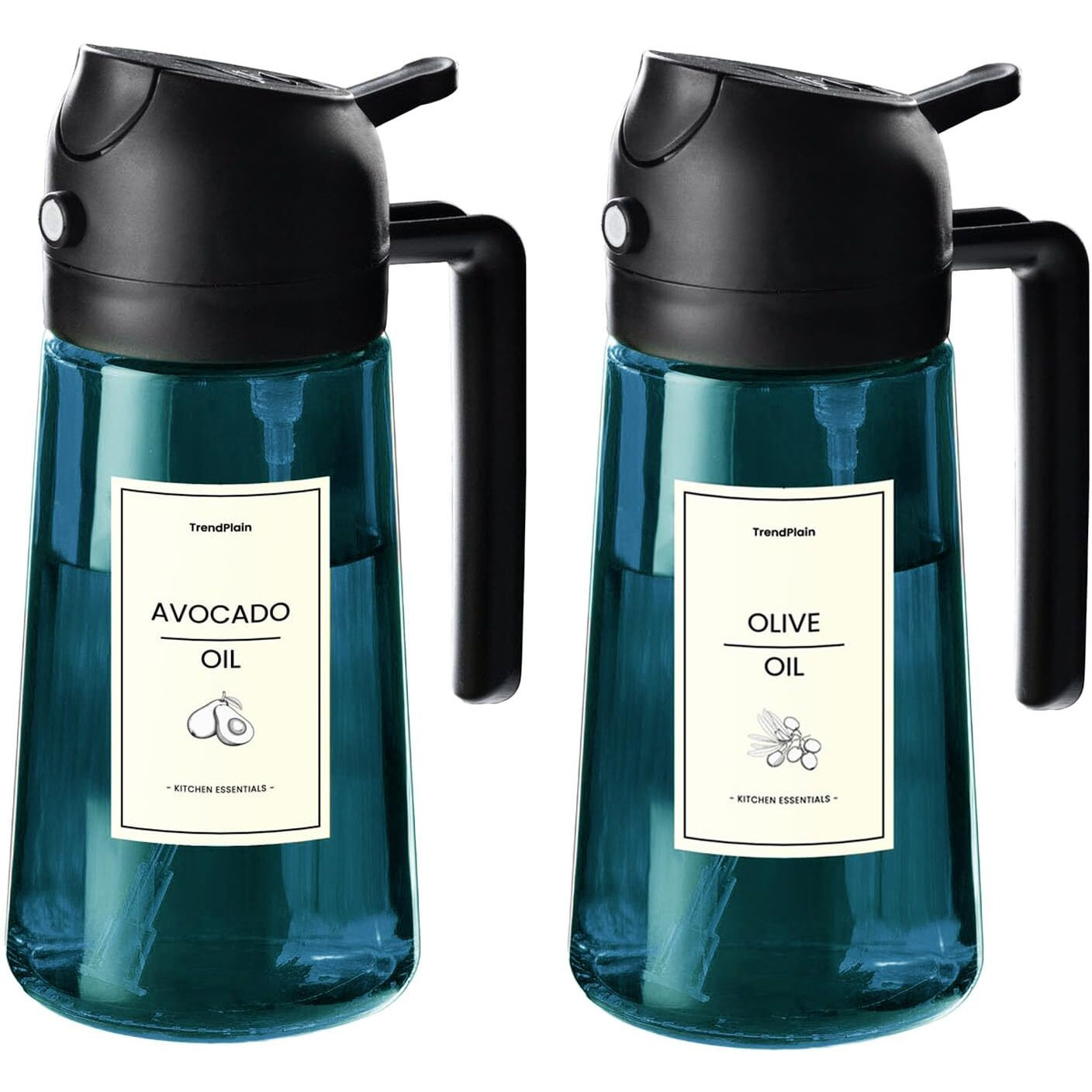 Trendplain 16Oz/470Ml Blue Glass Olive Oil Sprayer For Cooking - 2 In 1 Olive Oil Dispenser For Kitchen Gadgets, Air Fryer, Salad, And Bbq - 2 Black