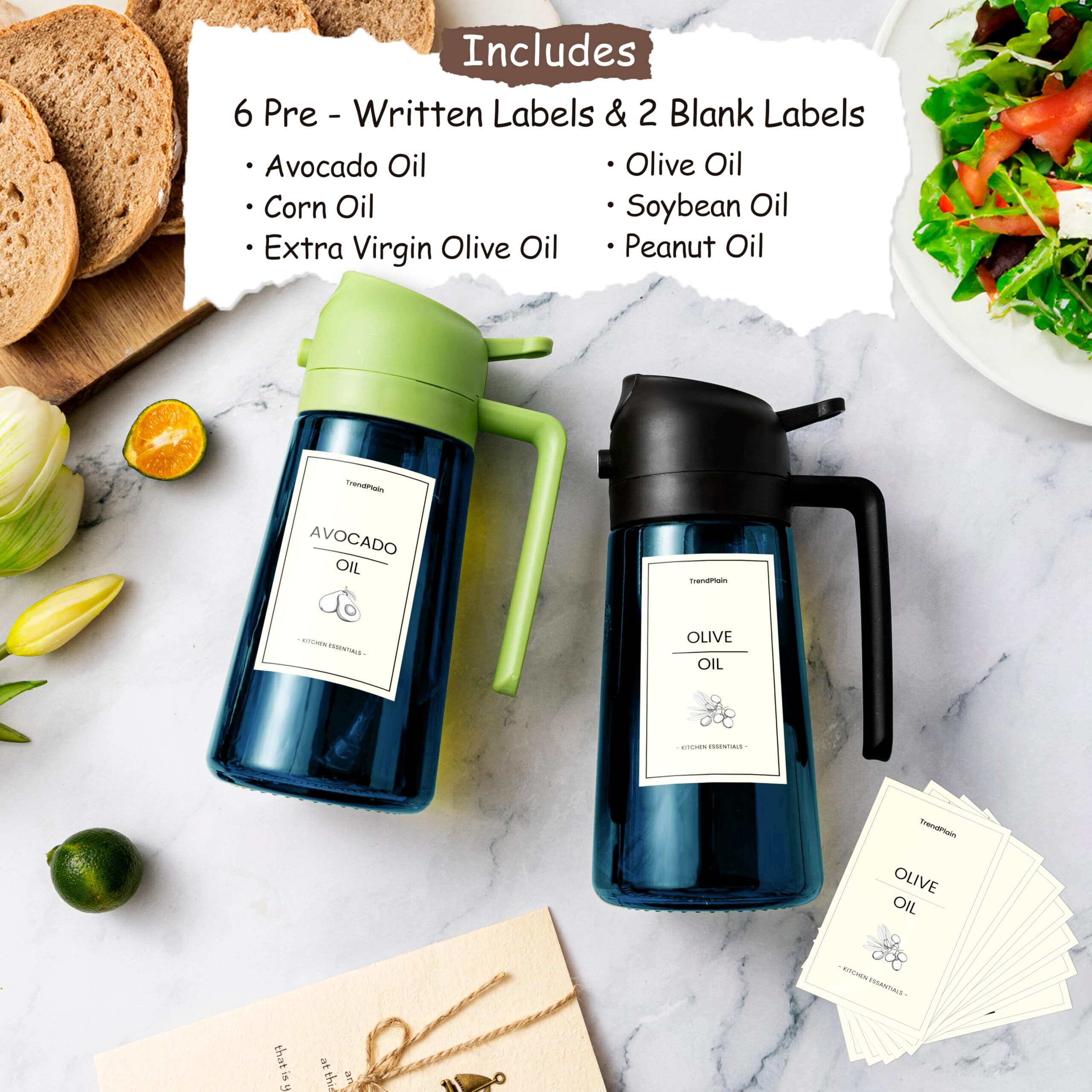 Trendplain 16Oz/470Ml Blue Glass Olive Oil Sprayer For Cooking - 2 In 1 Olive Oil Dispenser For Kitchen Gadgets, Air Fryer, Salad, And Bbq - 2 Black