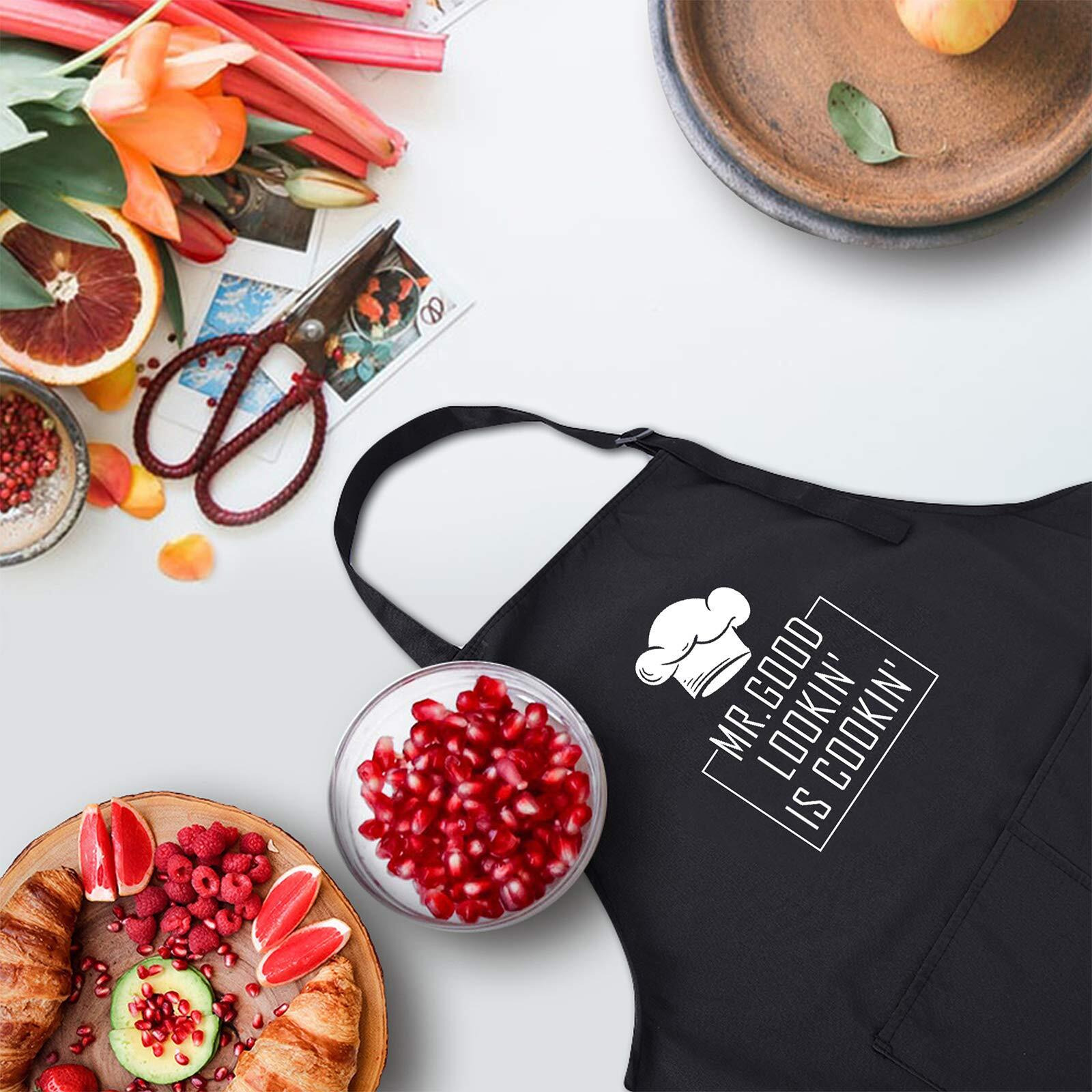 Rosoz Funny Bbq Black Chef Aprons For Men, Mr Goodlookin' Is Cookin', Adjustable Kitchen Cooking Aprons With Pocket Waterproof Oil Proof Fathers Day/Birthday