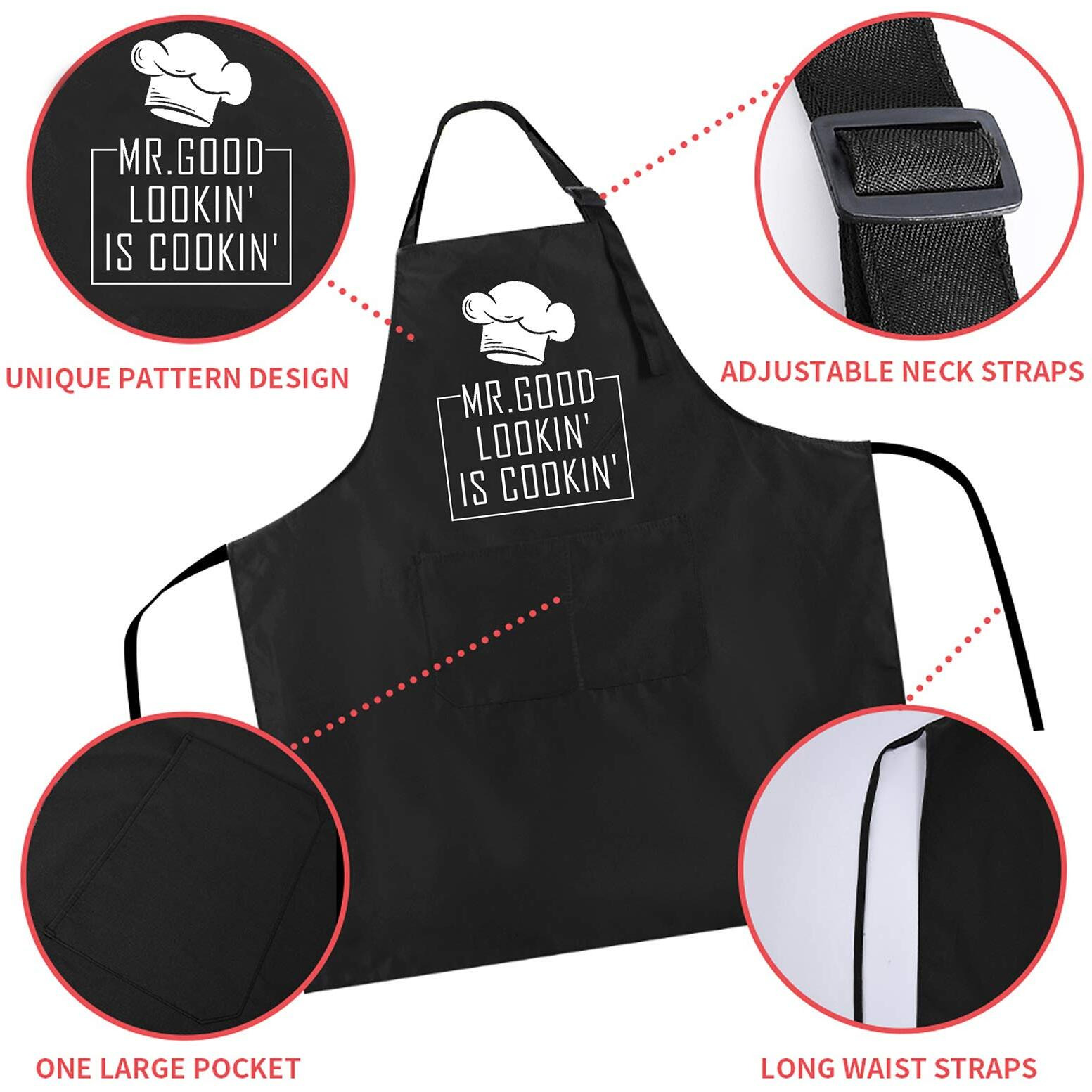 Rosoz Funny Bbq Black Chef Aprons For Men, Mr Goodlookin' Is Cookin', Adjustable Kitchen Cooking Aprons With Pocket Waterproof Oil Proof Fathers Day/Birthday