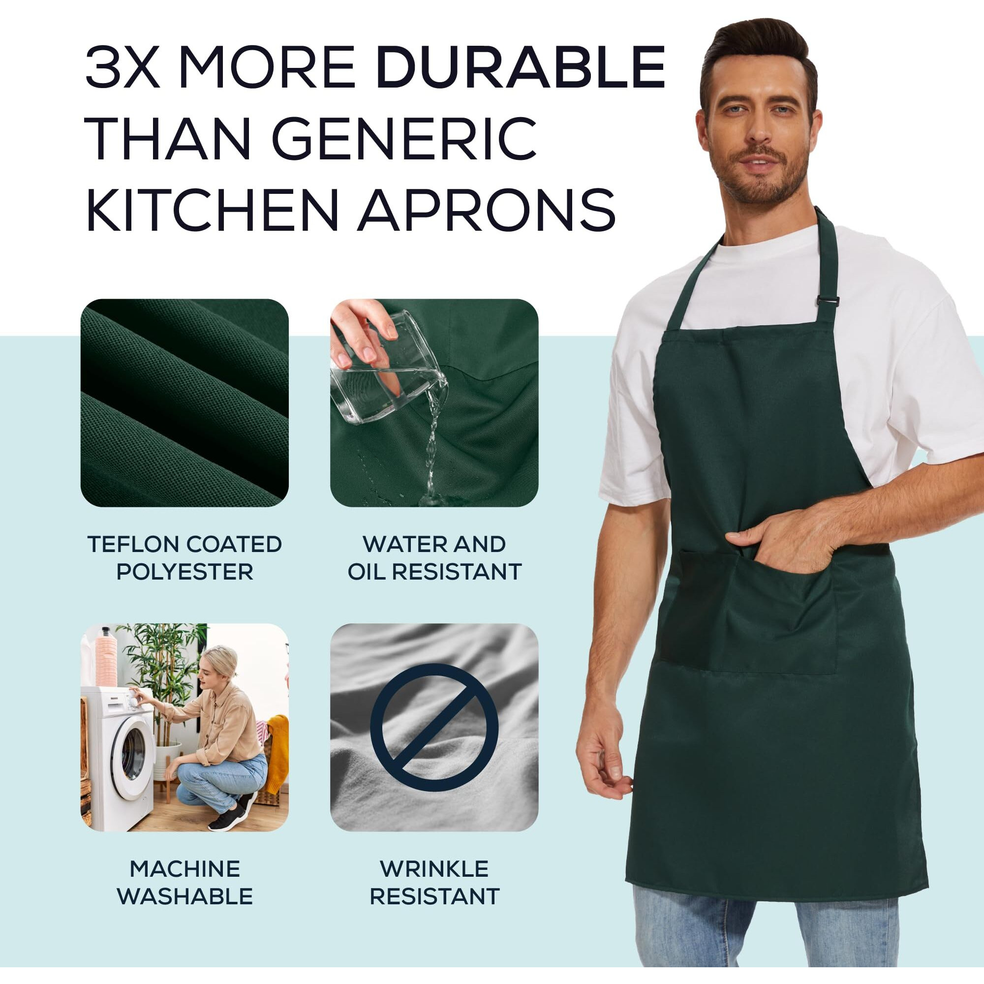 Will Well Kitchen Apron For Men And Women - 33"" X 27"" Oil-And-Water-Resistant With Adjustable Neck Strap And 38"" Waist Ties For A Snug Fit, Lightweight With 2 Front Pockets - 1-Pack, Green