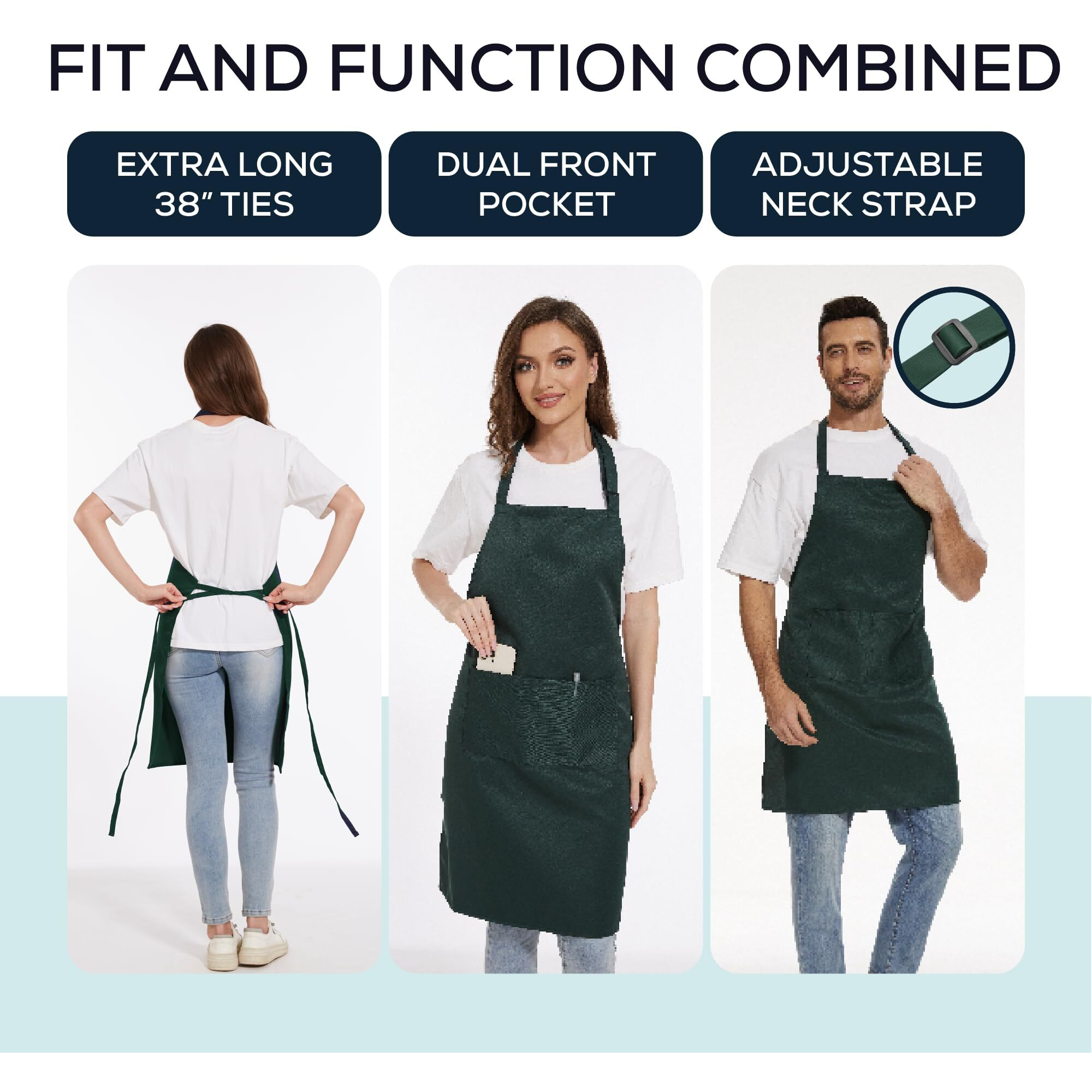 Will Well Kitchen Apron For Men And Women - 33"" X 27"" Oil-And-Water-Resistant With Adjustable Neck Strap And 38"" Waist Ties For A Snug Fit, Lightweight With 2 Front Pockets - 1-Pack, Green