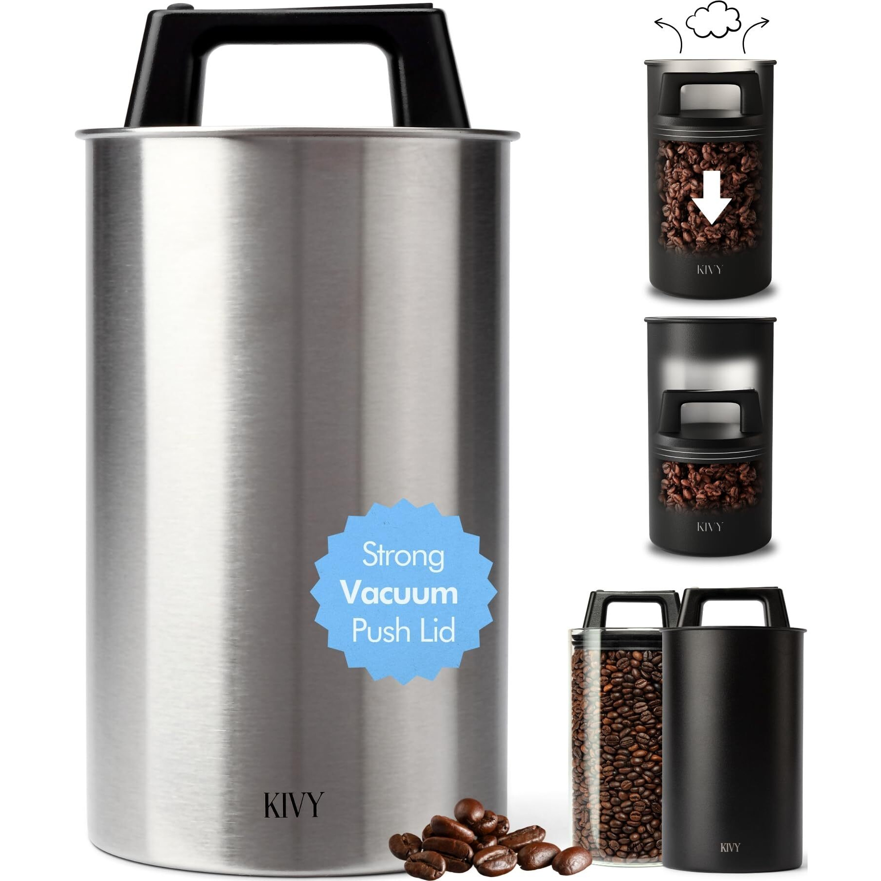 Kivy Vacuum Coffee Canister - Push Lid Preserves Coffee Aroma & Oil - Stainless Steel Airtight Coffee Canister - Removes Excess Air