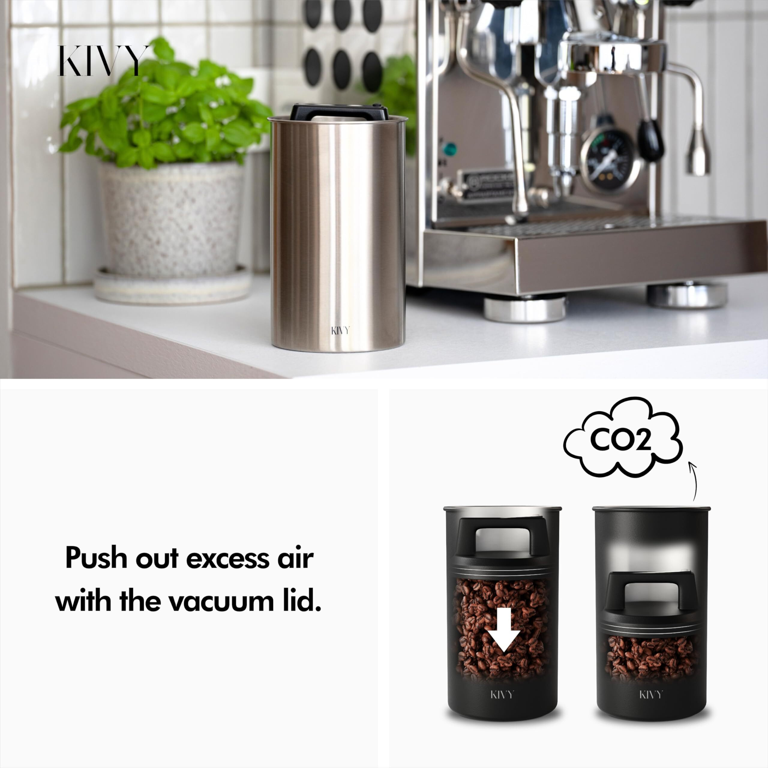 Kivy Vacuum Coffee Canister - Push Lid Preserves Coffee Aroma & Oil - Stainless Steel Airtight Coffee Canister - Removes Excess Air
