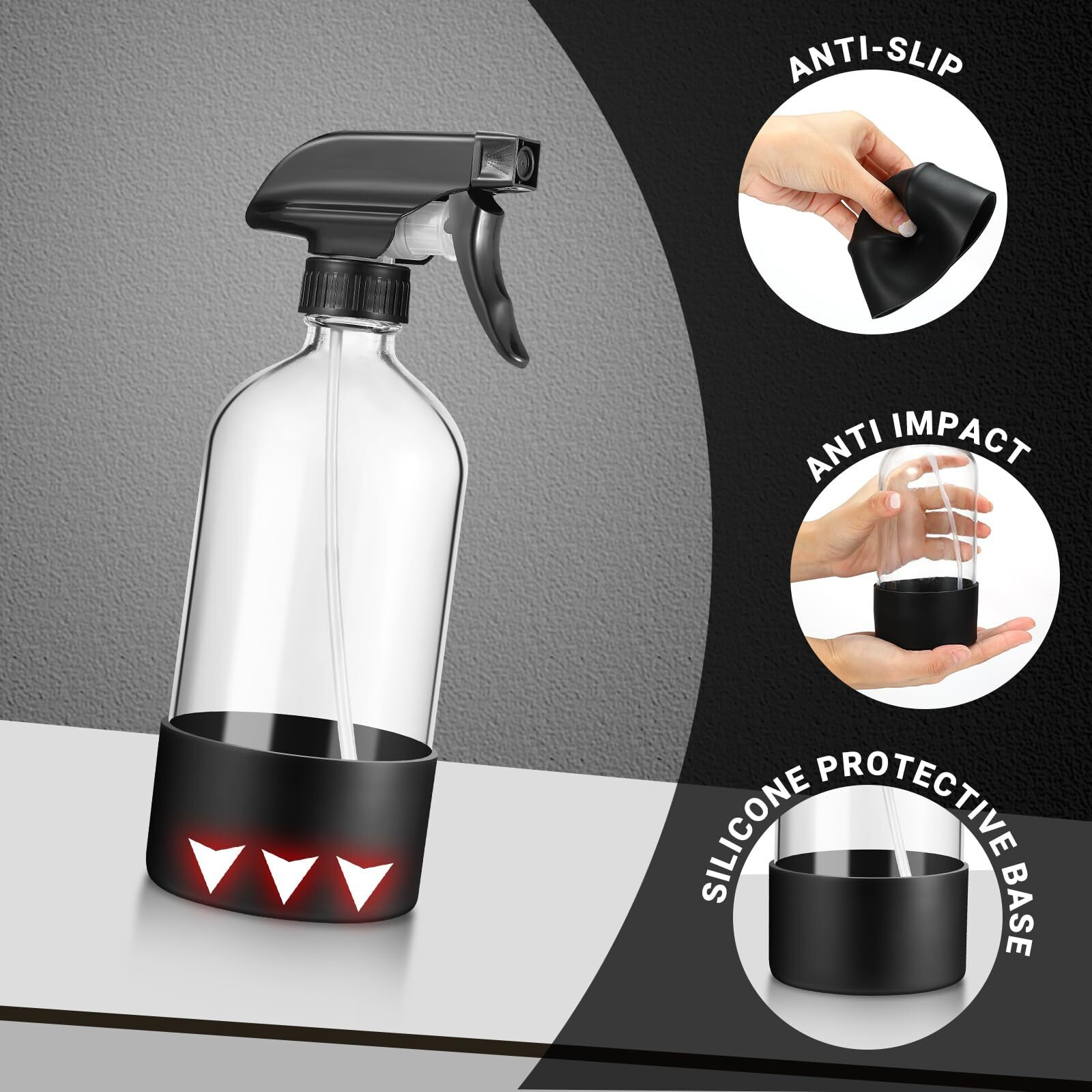 3 Pcs 16Oz Empty Glass Spray Bottle With Black Silicone Sleeve Protection - Refillable Boston Round Containers With Adjustable Nozzle For Cleaning Solutions, Essential Oils, Misting Plants, Gardening