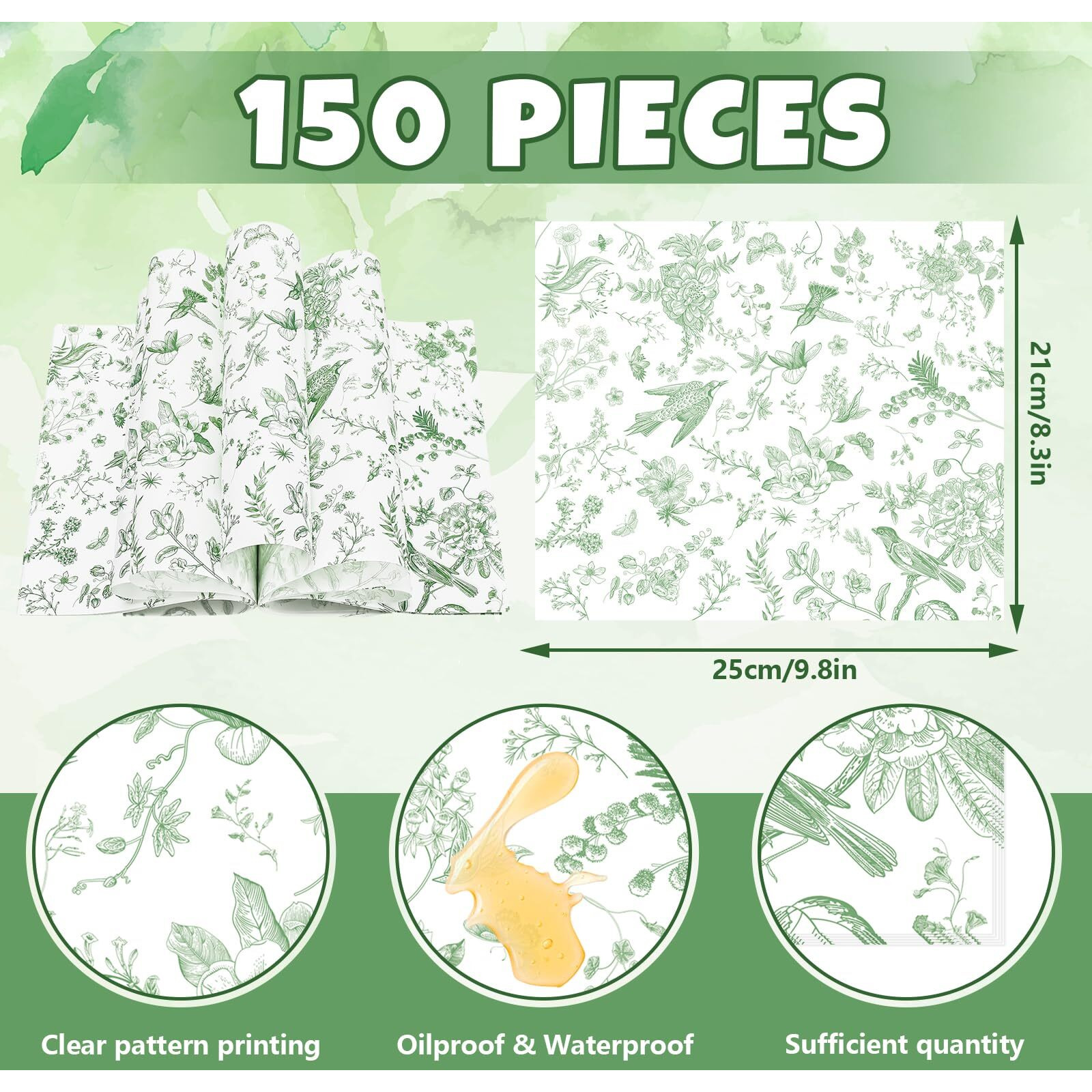 Jarthenaamcs 150Pcs Green Floral Wax Paper Chinoiserie Bird Flower Deli Paper Sandwich Wrap Paper Tissue Waterproof Oil-Proof Picnic Liner For Party Kitchen Supplies, 9.8 X 8.3 Inch