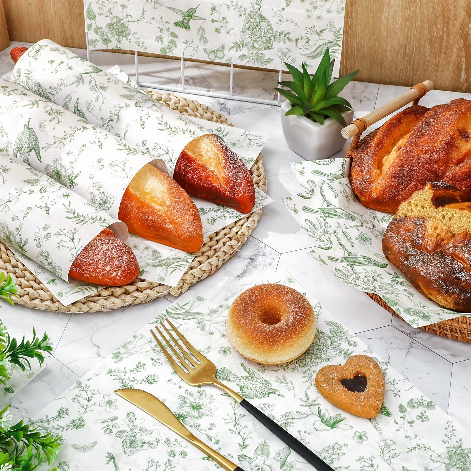 Jarthenaamcs 150Pcs Green Floral Wax Paper Chinoiserie Bird Flower Deli Paper Sandwich Wrap Paper Tissue Waterproof Oil-Proof Picnic Liner For Party Kitchen Supplies, 9.8 X 8.3 Inch
