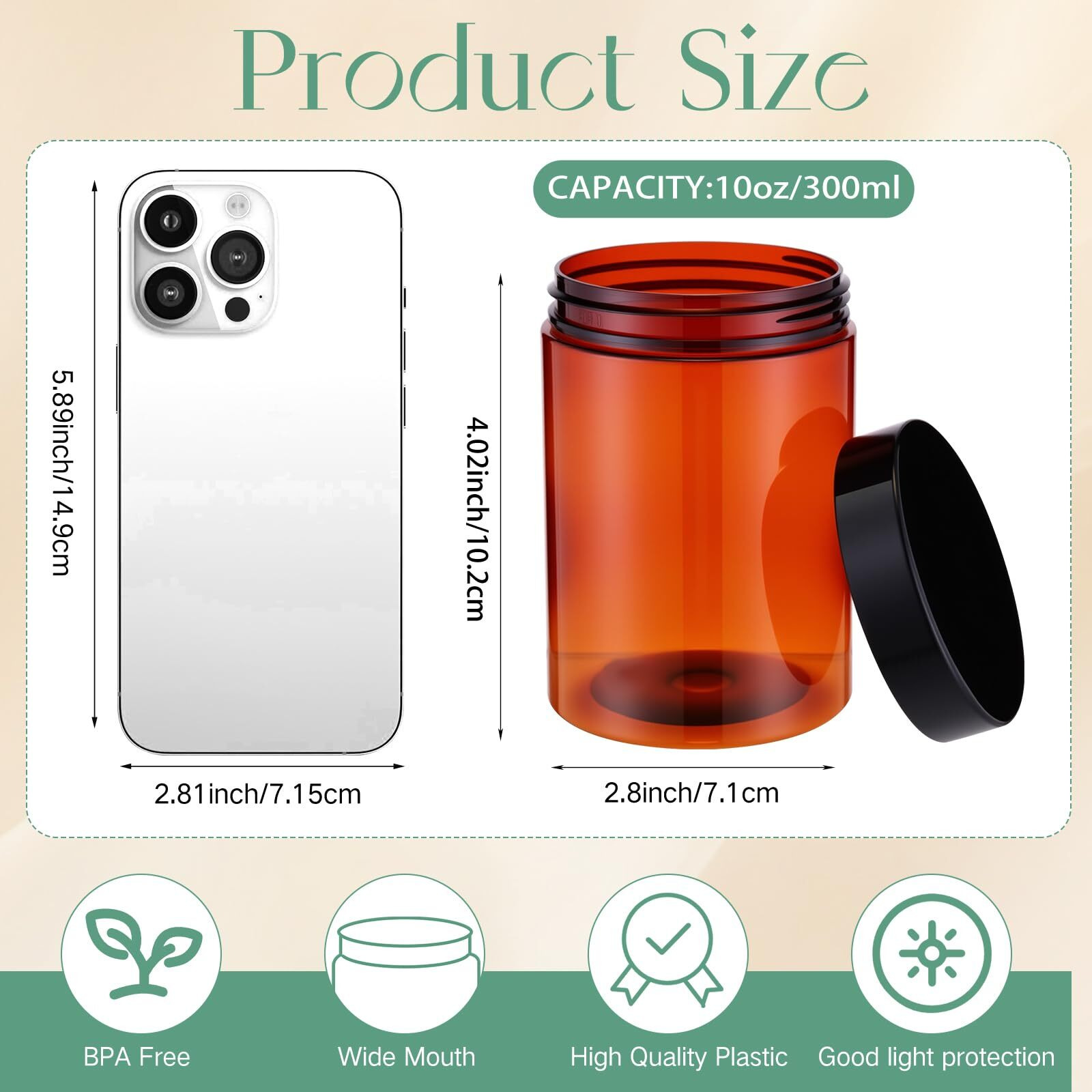 Satinior 100 Pcs Plastic Jars With Lids Small Containers Lids Wide Mouth Small Plastic Containers For Lotion Cream Rhinestones Body Butters Travel Storage (10 Oz,Amber With Black Lid)