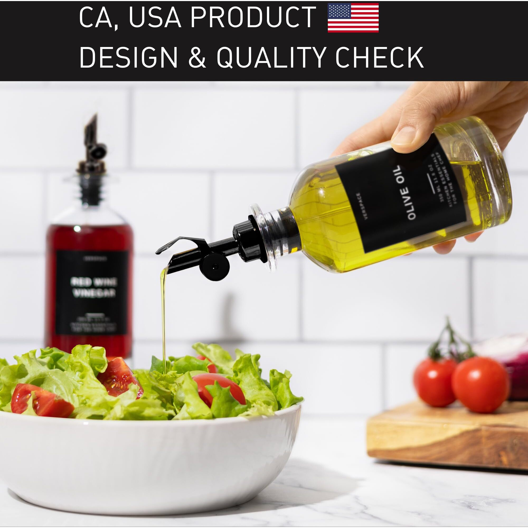 Verspace Olive Oil Dispenser Set With Silicone Tray & 40 Labels - 2 Black Bottles (500Ml / 17Oz) For Kitchen, Soy Sauce, Coffee Syrup