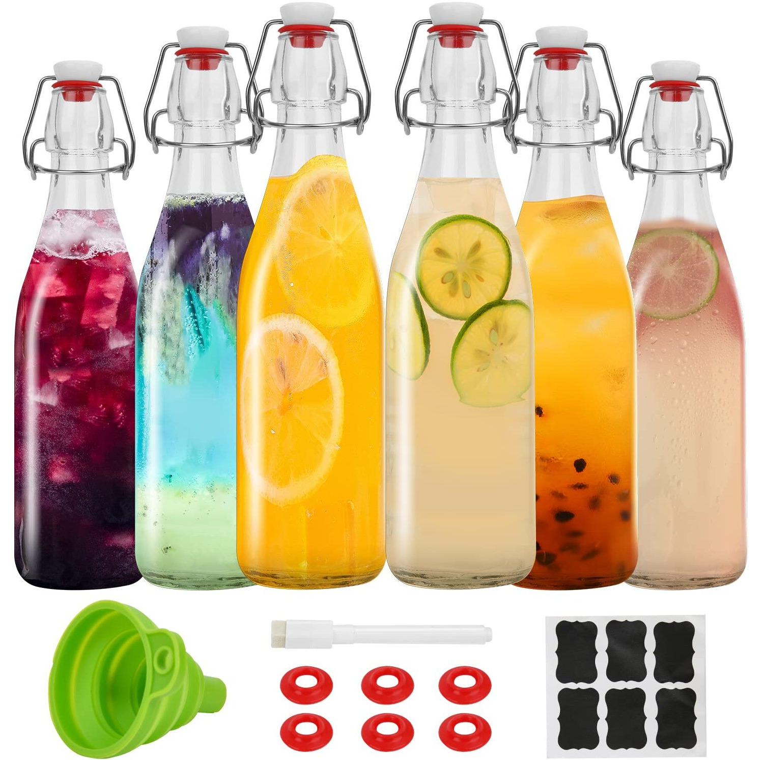 Zebeiyu Swing Top Glass Bottles 16Oz,Glass Beer Bottles With Airtight Caps For Home Brewing,Kombucha, 2Nd Fermentation, Water Kefir, Beverages, Soda, Oils, Vinegar, Limoncello(6 Pack