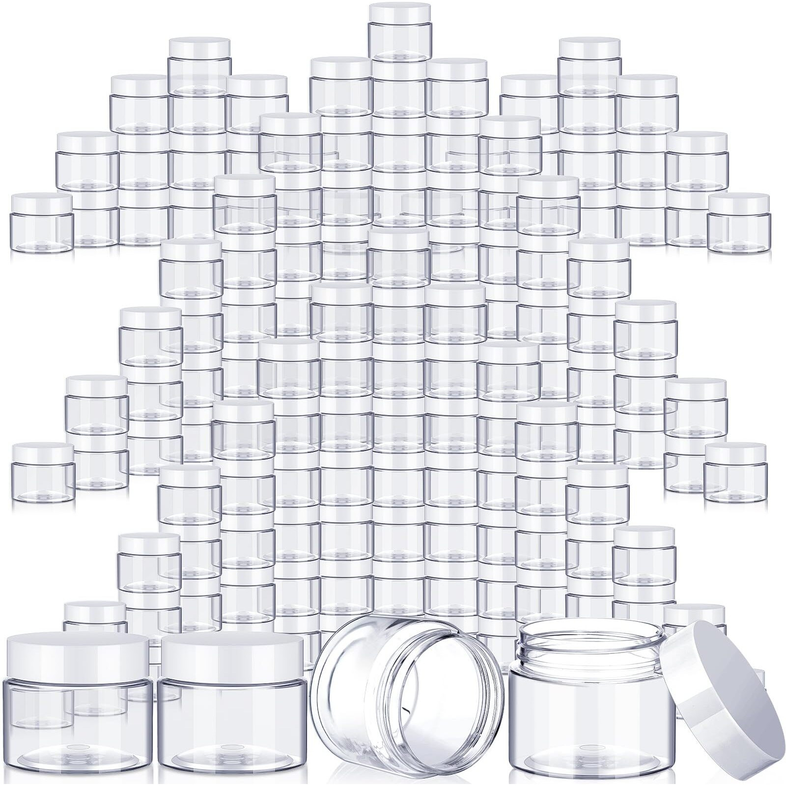 Satinior 100 Pcs Plastic Jars With Lids Small Containers Lids Wide Mouth Small Plastic Containers For Lotion Cream Rhinestones Body Butters Travel Storage(10 Oz,Clear With White Lid)