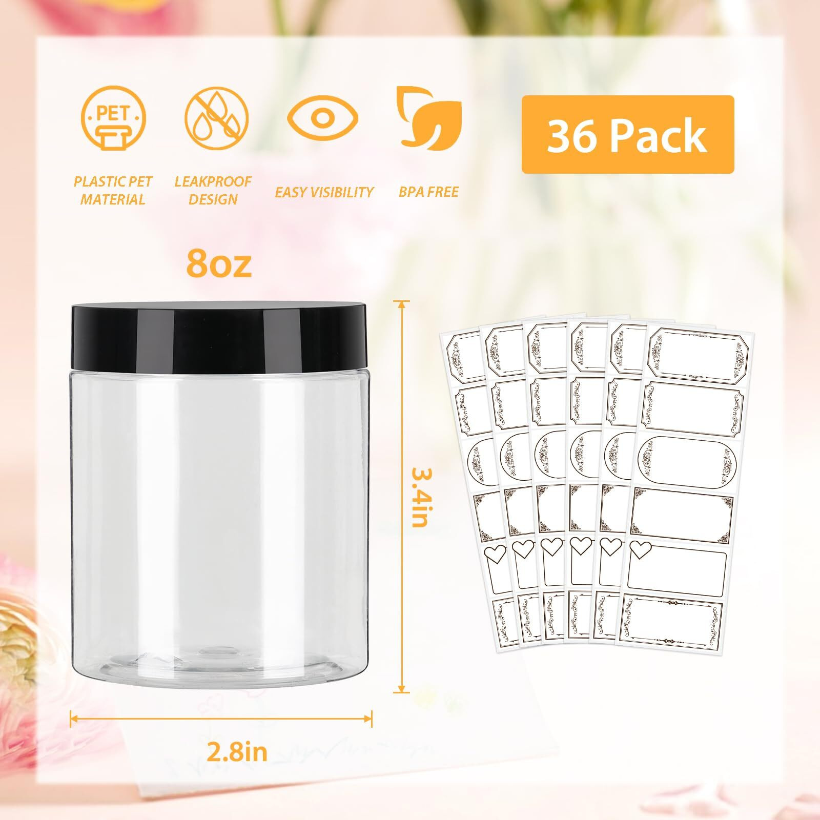 Mcupper 36 Pack Plastic Jars With Lids, Clear 8 Oz Plastic Jars With Lids, 8Oz Jar With Lid, Clear Containers For Cream, Lotion, Scrubs, Cosmetics