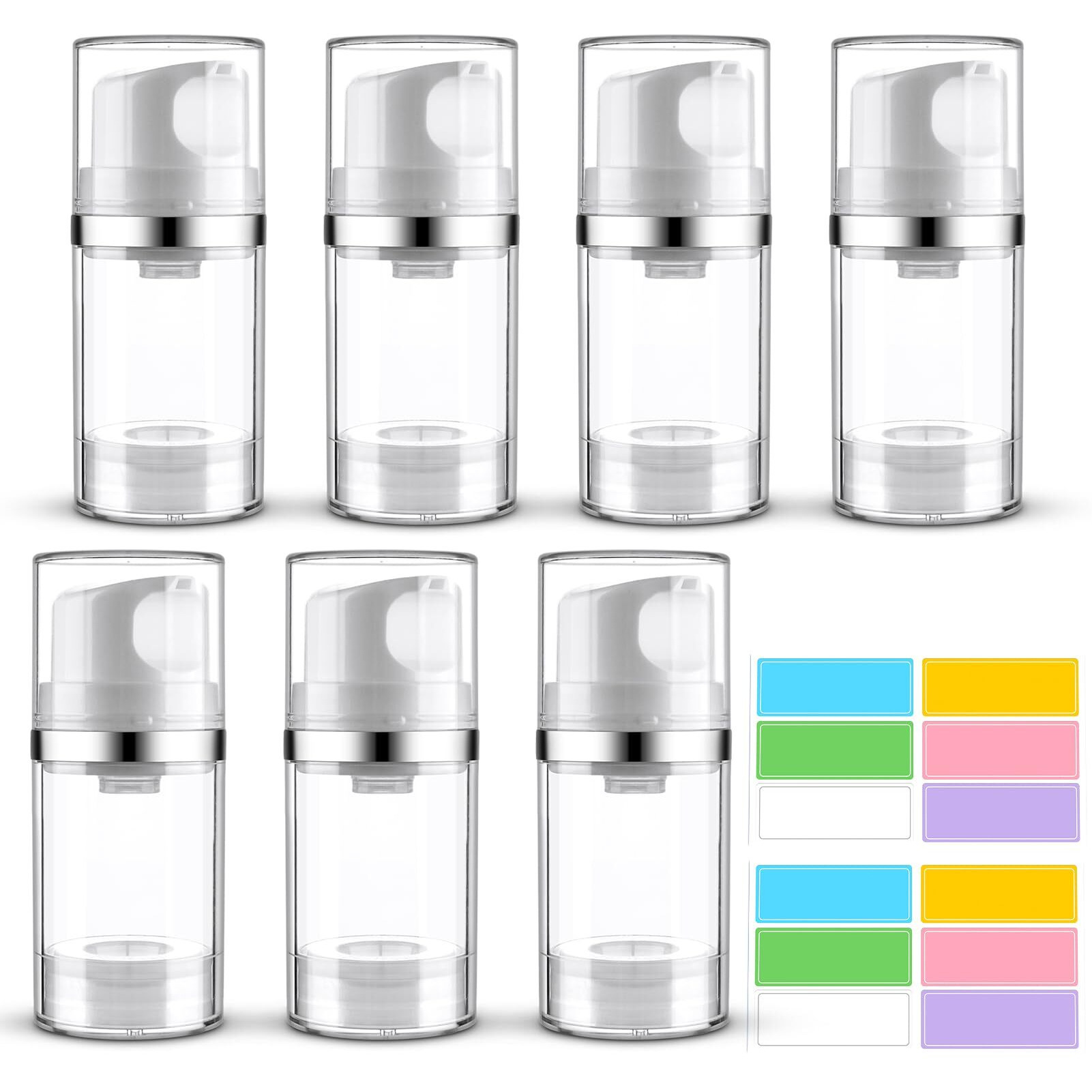 Decorniqu 7 Pack Airless Pump Jar 1.7Oz/50Ml Airless Pump Bottles Empty Moisturizer Pump Dispenser Travel Pump Bottles For Lotion Toiletries Shampoo Cream With Labels(Clear)