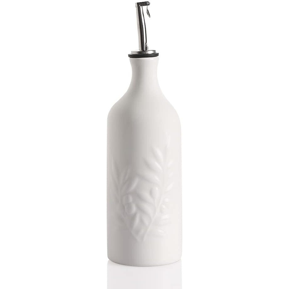 Sweejar Ceramic Olive Oil Dispenser Bottle, 20 Oz Relief Opaque Oil Cruet Protects Oil To Reduce Oxidation, Suitable For Storage Oil, Vinegar, Soy Sauce, Coffee Syrup, Liquids, Pack Of 1 (White)