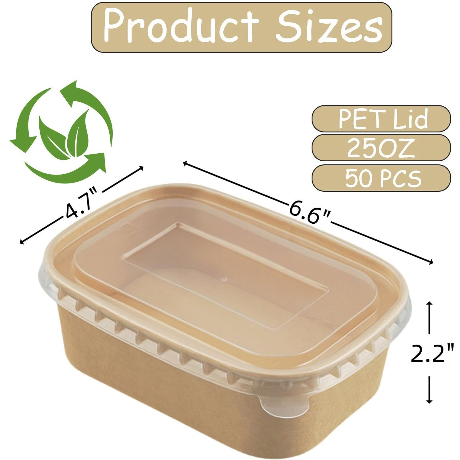 Fisden 50 Pack Kraft Paper Food Container, 25 Oz Disposable Salad Bowls With Lids, Oil-Proof Rectangular Soup Bowls For Meal Prep Snack Takeout, Microwave Freezer Safe