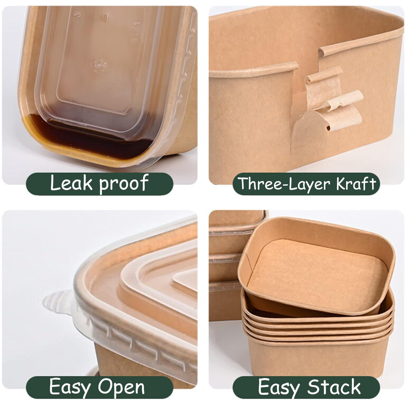 Fisden 50 Pack Kraft Paper Food Container, 25 Oz Disposable Salad Bowls With Lids, Oil-Proof Rectangular Soup Bowls For Meal Prep Snack Takeout, Microwave Freezer Safe