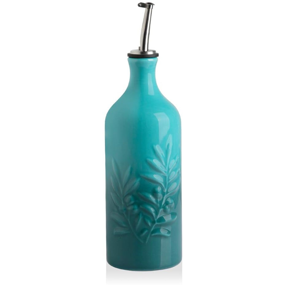 Sweejar Ceramic Olive Oil Dispenser Bottle, 20 Oz Relief Design Evoo Oil And Vinegar Dispensing Bottle With Spout For Kitchen, Set Of 1 (Gradient Blue)