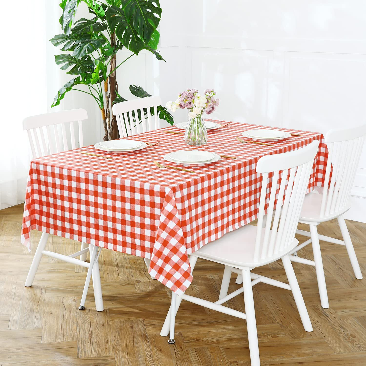 Romanstile Rectangle Vinyl Pvc Tablecloth, 100% Waterproof Buffalo Plaid Plastic Table Cloth, Oil Proof Heavy Duty Wipeable Table Covers For Dining/Camping/Picnic/Outdoor - 60 X 102, Red And White