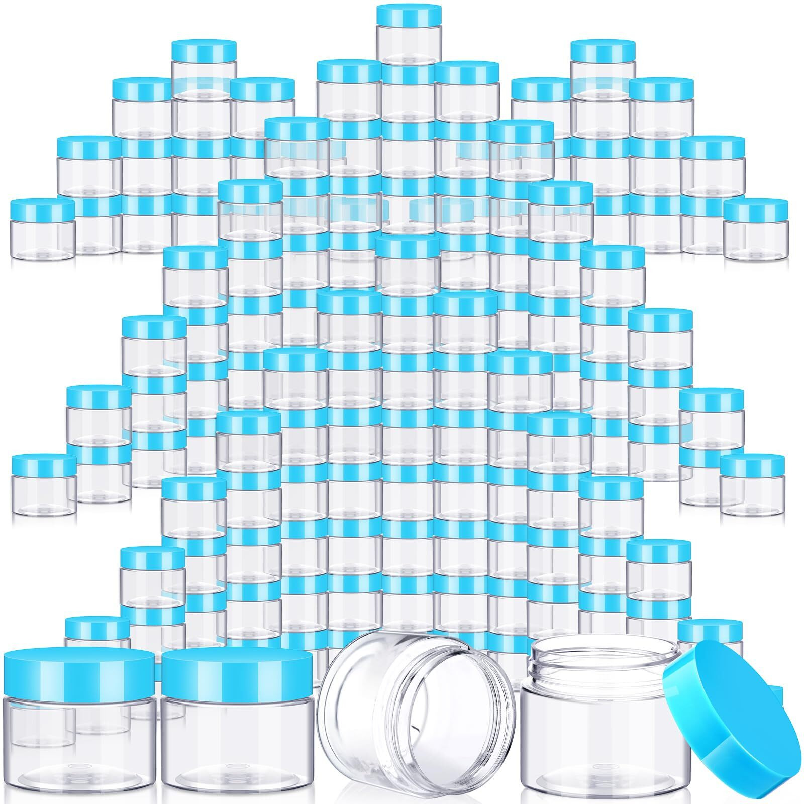 Satinior 100 Pcs Plastic Jars With Lids Small Containers Lids Wide Mouth Small Plastic Containers For Lotion Cream Rhinestones Body Butters Travel Storage(2 Oz,Clear With Blue Lid)