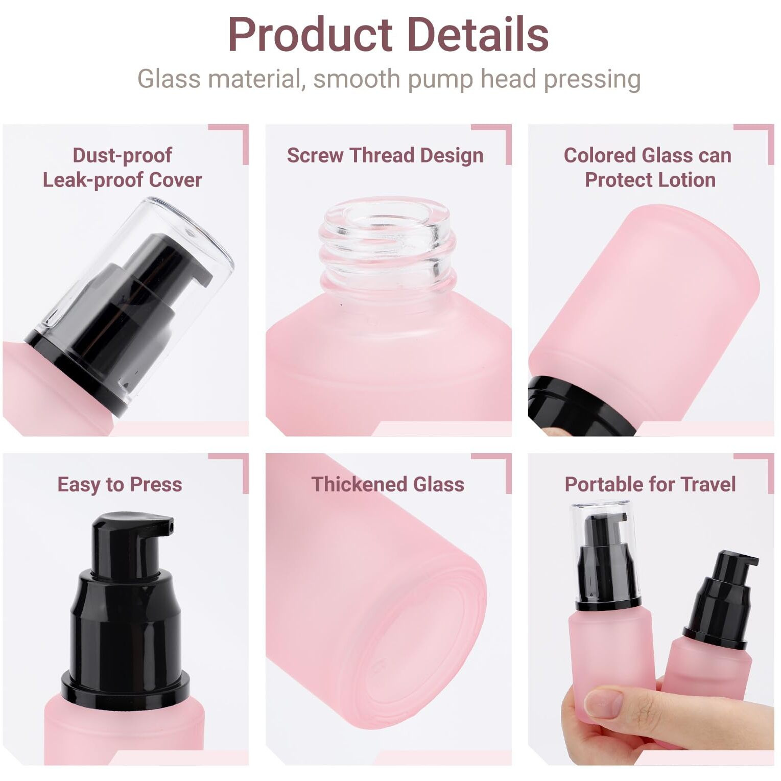 Segbeauty 1Oz Frosted Glass Travel Bottles For Toiletries, Pack Of 3 Refillable Travel Lotion Bottle, Pink Makeup Pump Dispenser Cream Lotion Containers, 30Ml Leak Proof Cosmetic Bottles For Women
