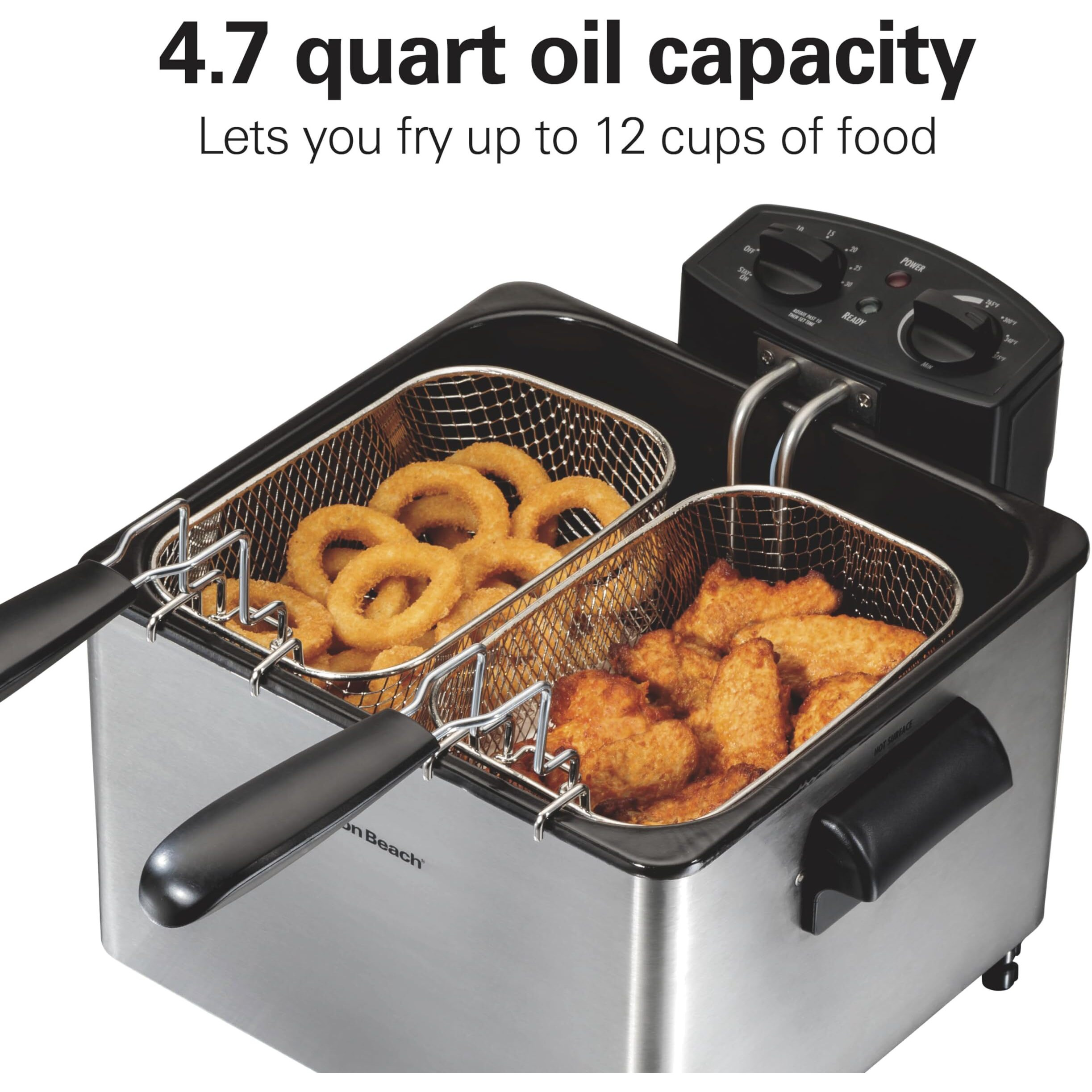 Hamilton Beach Electric Deep Fryer With 2 Baskets And Lid, 4.5 Liters / 19 Cups Oil Capacity, Temperature Control, View Window, Professional Style, 1800 Watts, Stainless Steel (35036)