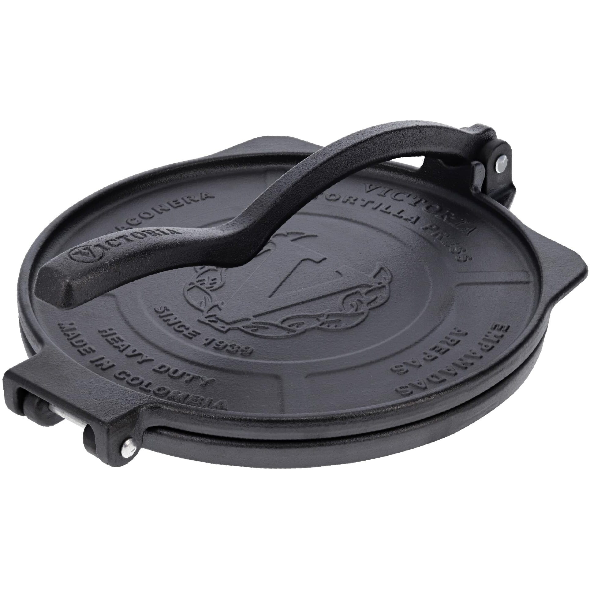 Victoria 10-Inch Cast Iron Tortilla Press Hd Spherrous, Commercial-Grade Cast Iron Tortilla Maker, Roti Press, Pataconera Seasoned With Flaxseed Oil, Made In Colombia, Black