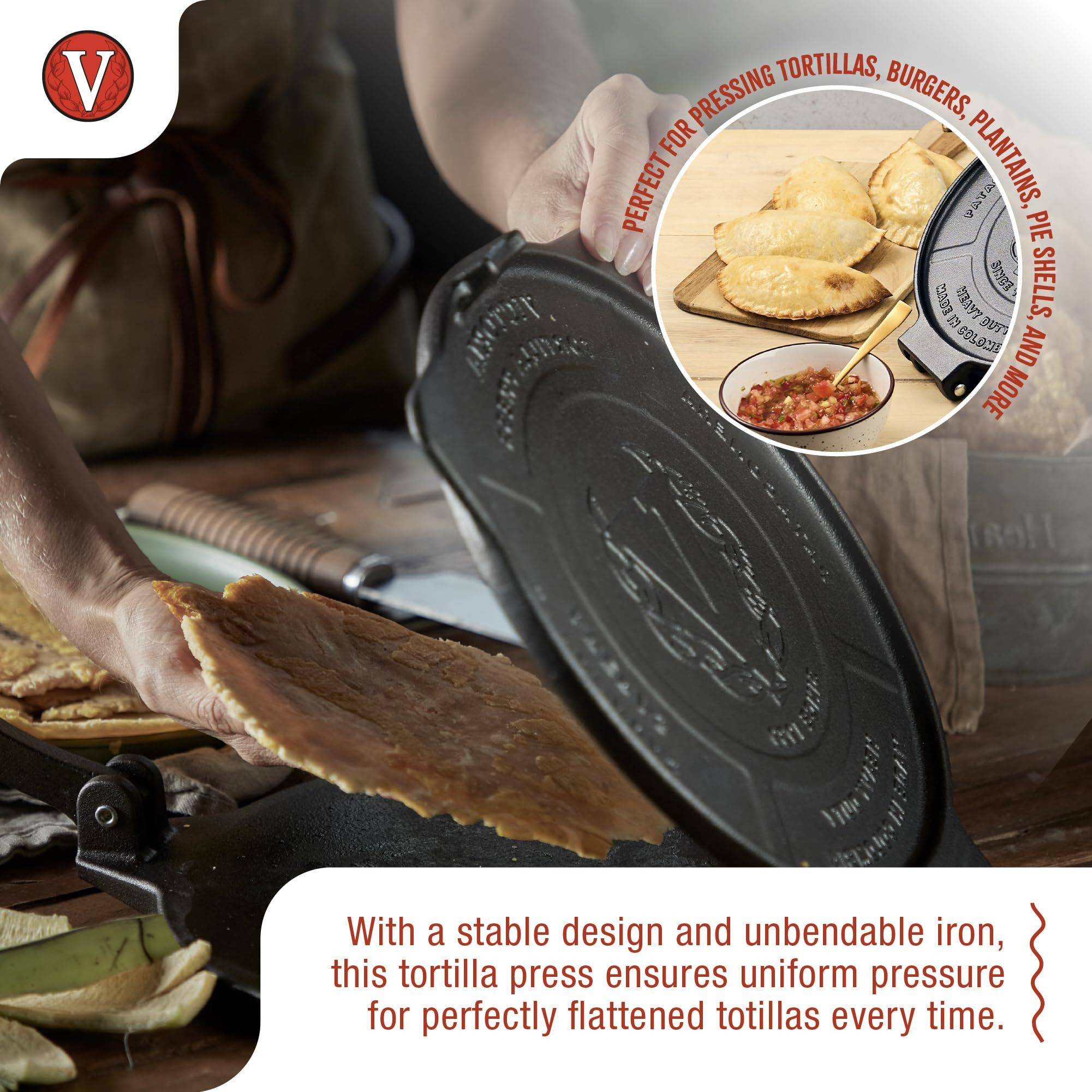 Victoria 10-Inch Cast Iron Tortilla Press Hd Spherrous, Commercial-Grade Cast Iron Tortilla Maker, Roti Press, Pataconera Seasoned With Flaxseed Oil, Made In Colombia, Black