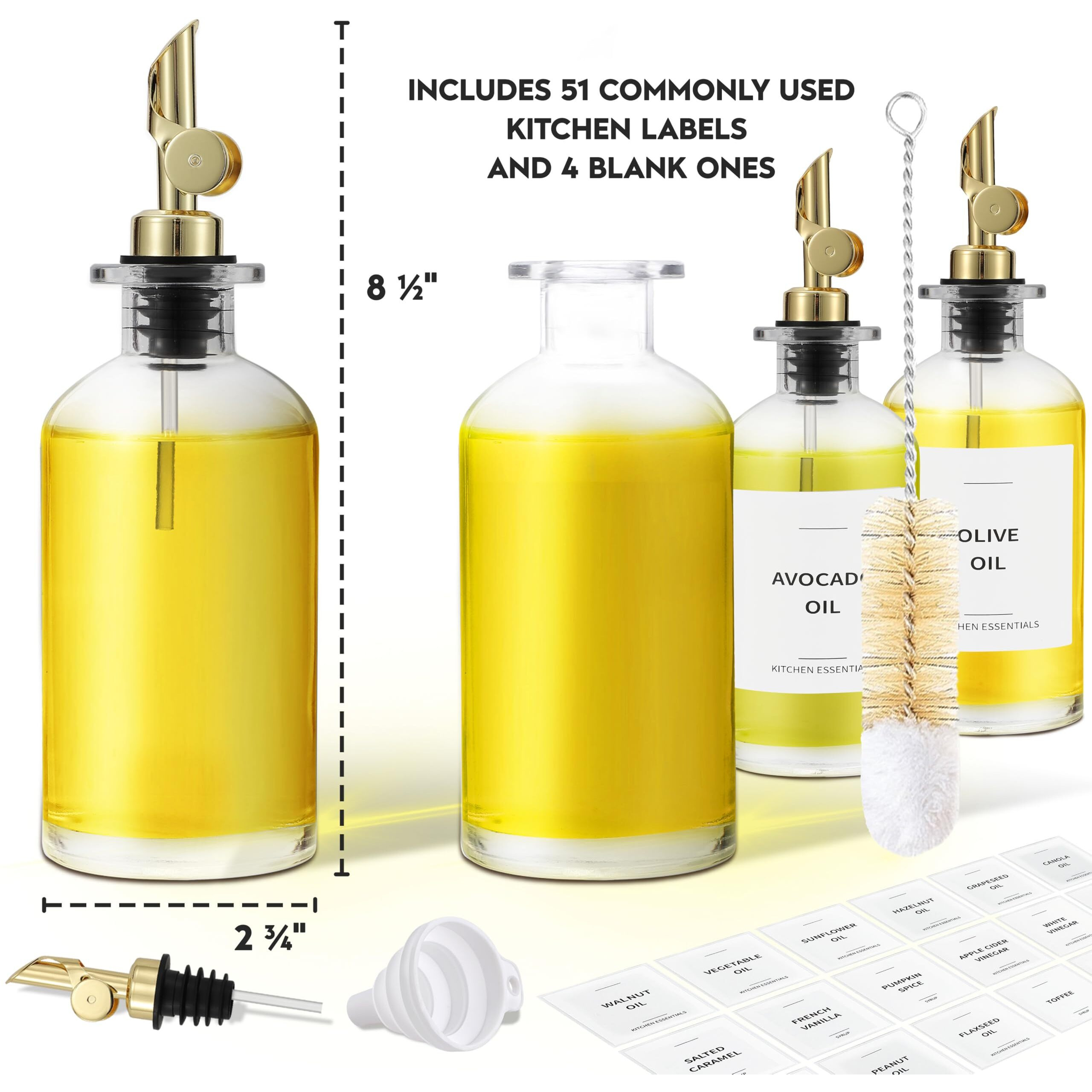 Spaceneat Olive Oil Dispenser Bottle - Includes 55 Kitchen Essential Labels - Cooking Oil Bottles For Kitchen, Coffee Syrup Dispenser - Pourer Spout With 11.8 Fl Oz Glass Container Cruet - 4Pcs, Gold