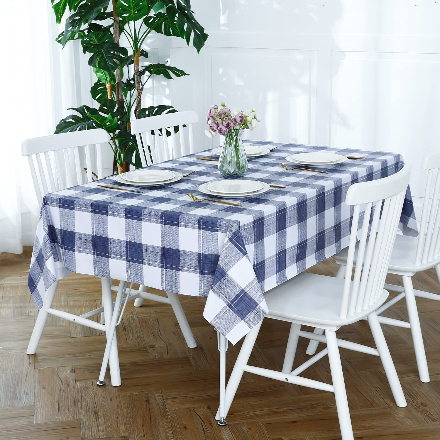 Romanstile Rectangle Plastic Tablecloth, 100% Waterproof Oil-Proof Checkered Pvc Table Cloths, Heavy Duty Vinyl Table Covers For Dining, Camping, Picnic, Outdoor - 60 X 102 Inch, Blue Checkered