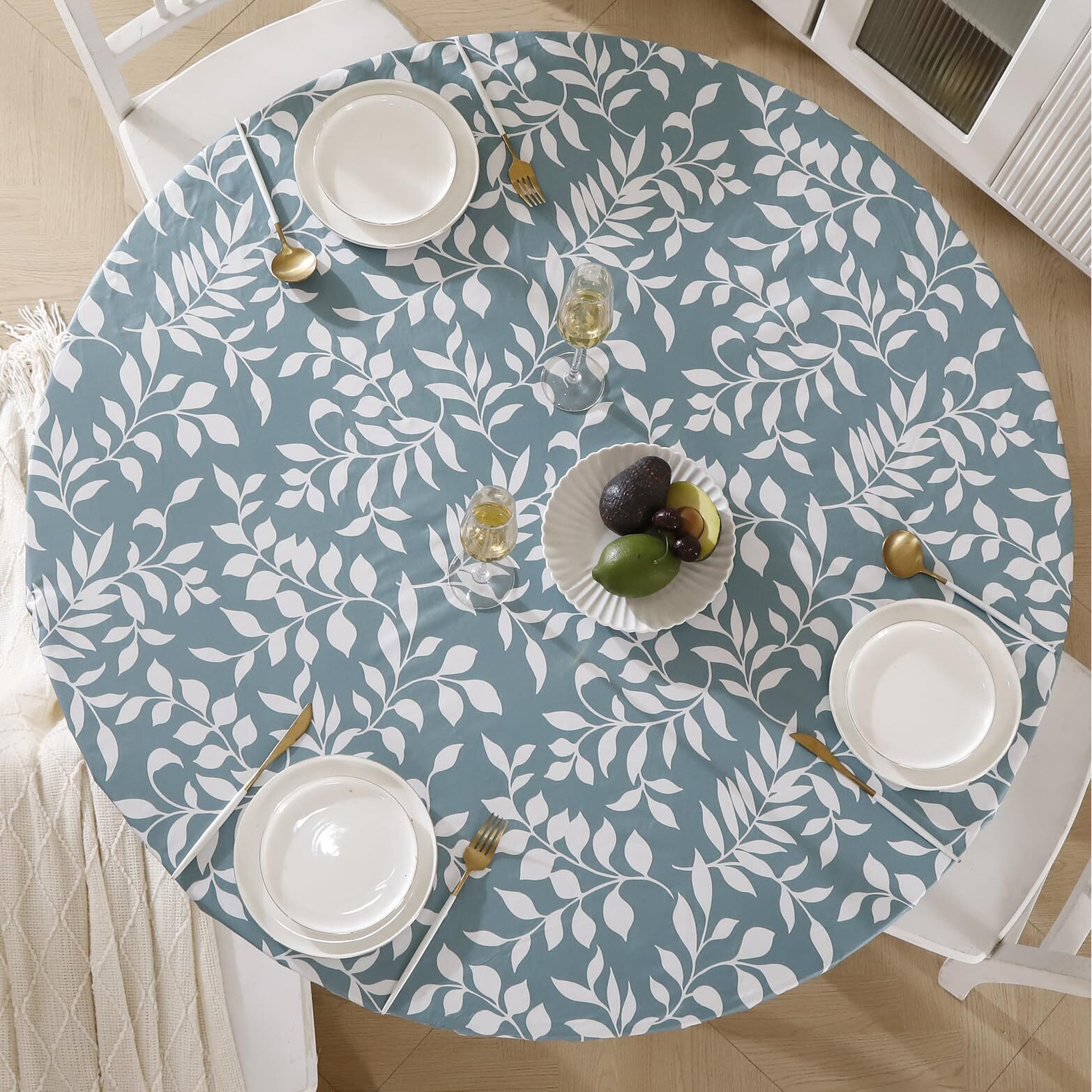 Round Vinyl Fitted Tablecloth With Flannel Backing Elastic Edge Design Table Cover Waterproof Oil-Proof Pvc Table Cloth Stain-Resistant Best For 57""-66"" Round