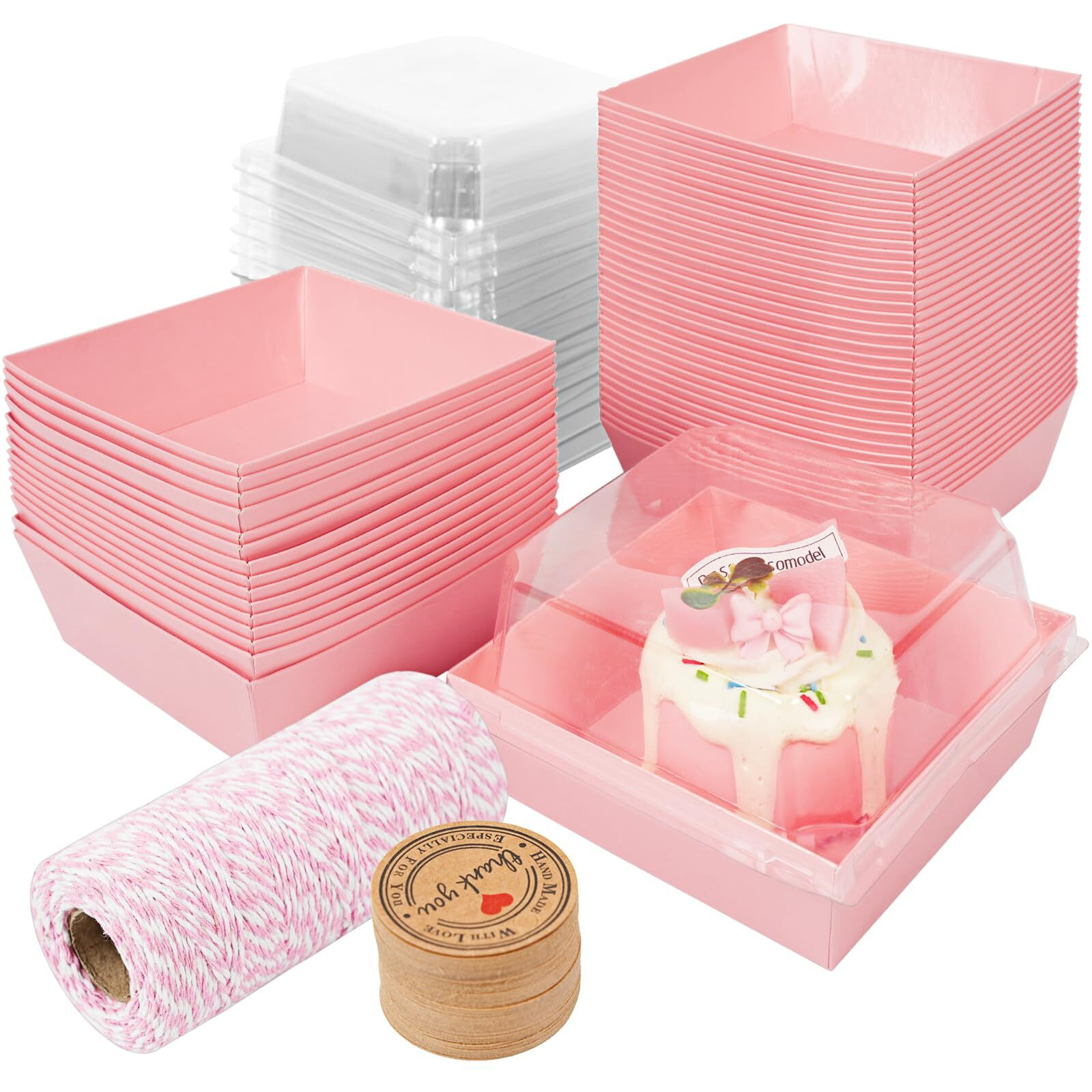 Kosotody 50 Pack Charcuterie Boxes With Clear Lids, 4 Inches Pink Oil-Proof Kraft Paper Food Containers Bakery Boxes For Sandwich, Cookies, Hot Cocoa, Cupcakes And Strawberries