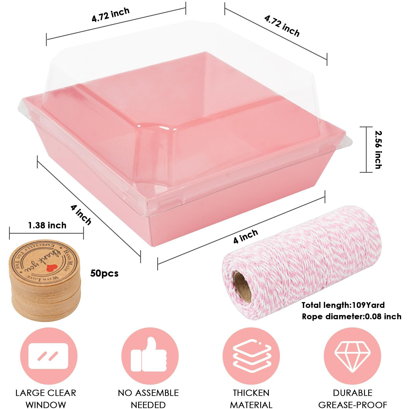 Kosotody 50 Pack Charcuterie Boxes With Clear Lids, 4 Inches Pink Oil-Proof Kraft Paper Food Containers Bakery Boxes For Sandwich, Cookies, Hot Cocoa, Cupcakes And Strawberries