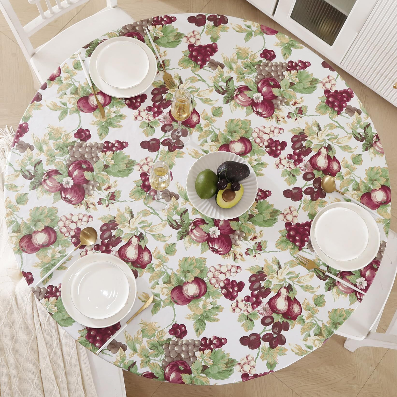 Round Vinyl Fitted Tablecloth With Flannel Backing Elastic Edge Design Table Cover Waterproof Oil-Proof Pvc Table Cloth Stain-Resistant Best For 45""-56"" Round