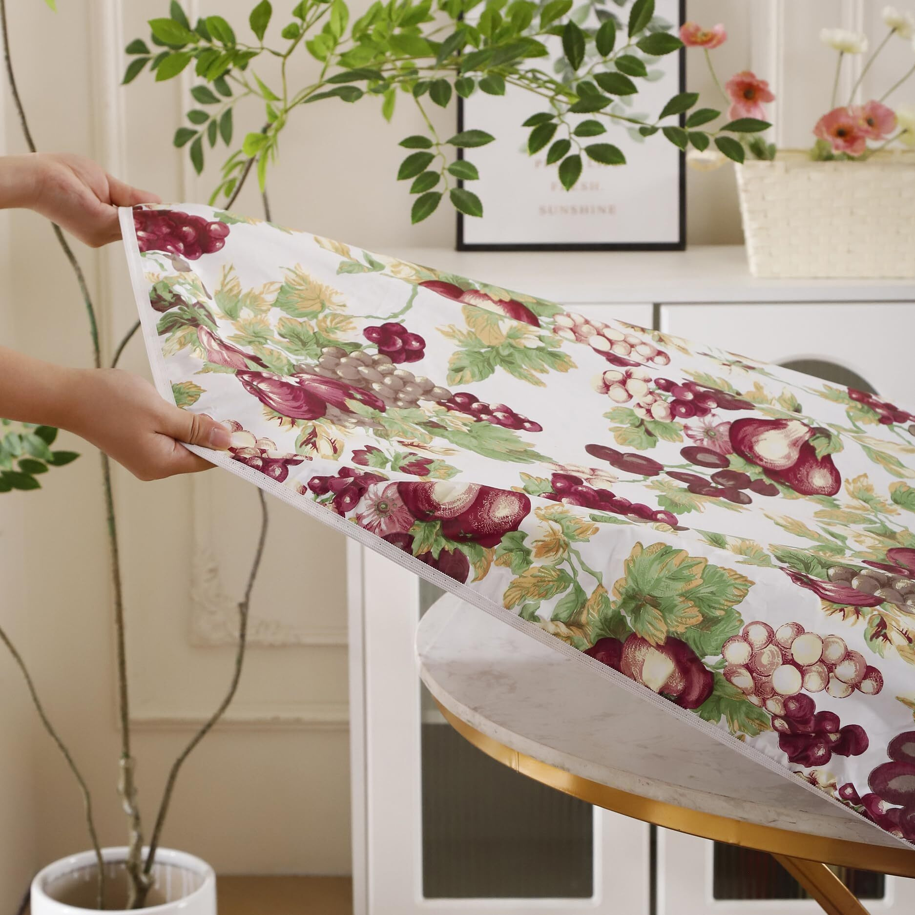 Round Vinyl Fitted Tablecloth With Flannel Backing Elastic Edge Design Table Cover Waterproof Oil-Proof Pvc Table Cloth Stain-Resistant Best For 45""-56"" Round